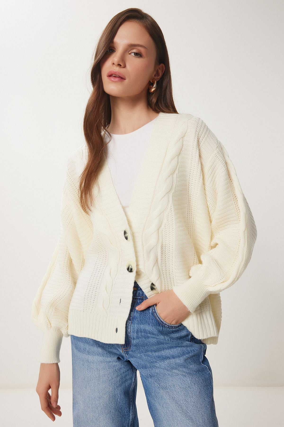 Female Ecru braided balloon sleeve shabby knitwear cardigan mx00176