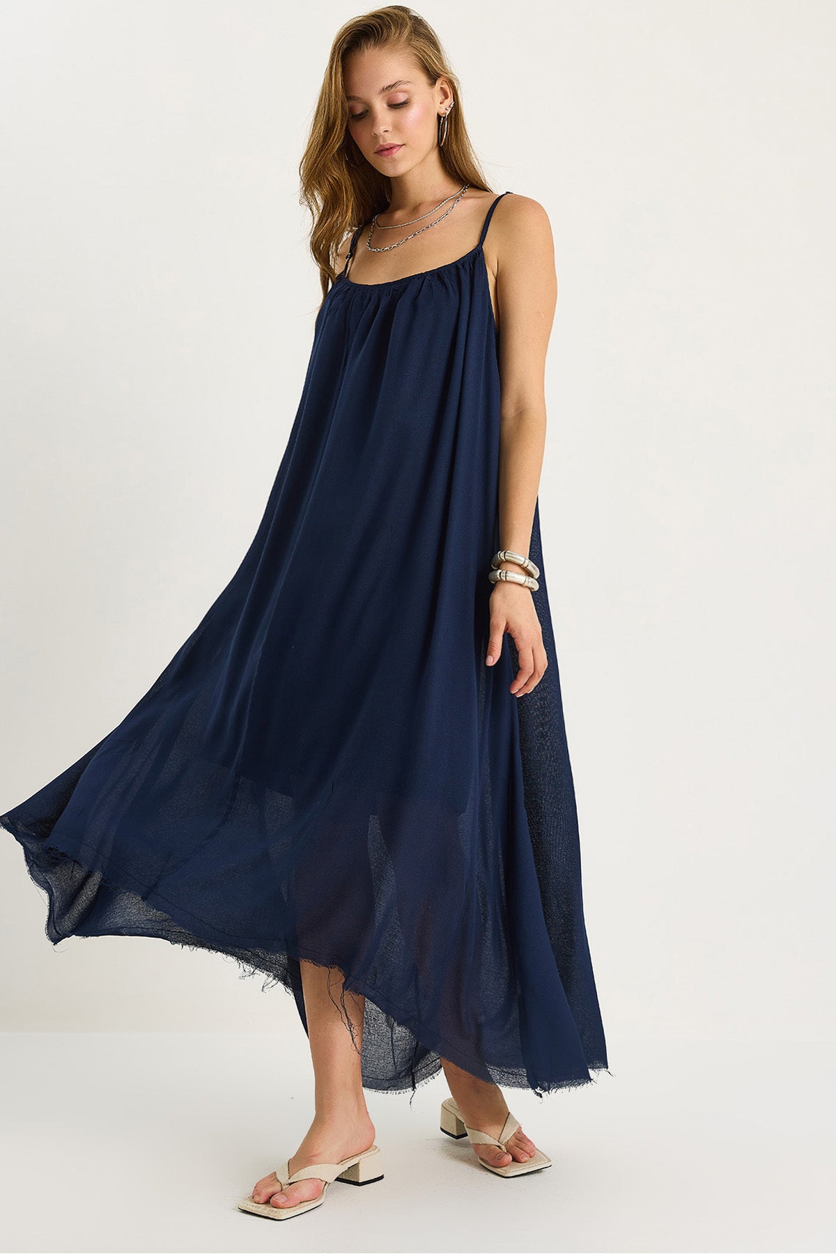 Women's Thin Strap Casual Lined Cotton Summer Long Linen Dress 5971 60281031