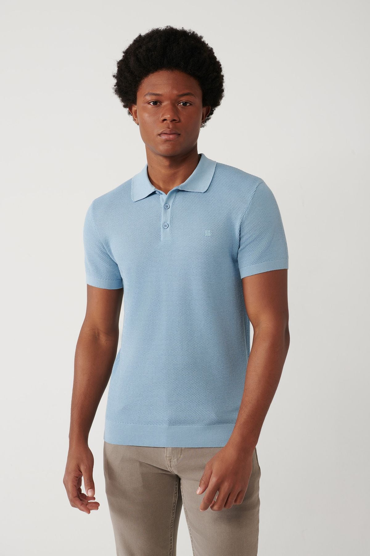 Men's Light Blue 3 Button Tissue Ribanian Polo Yaka Triko T-Shirt B005009