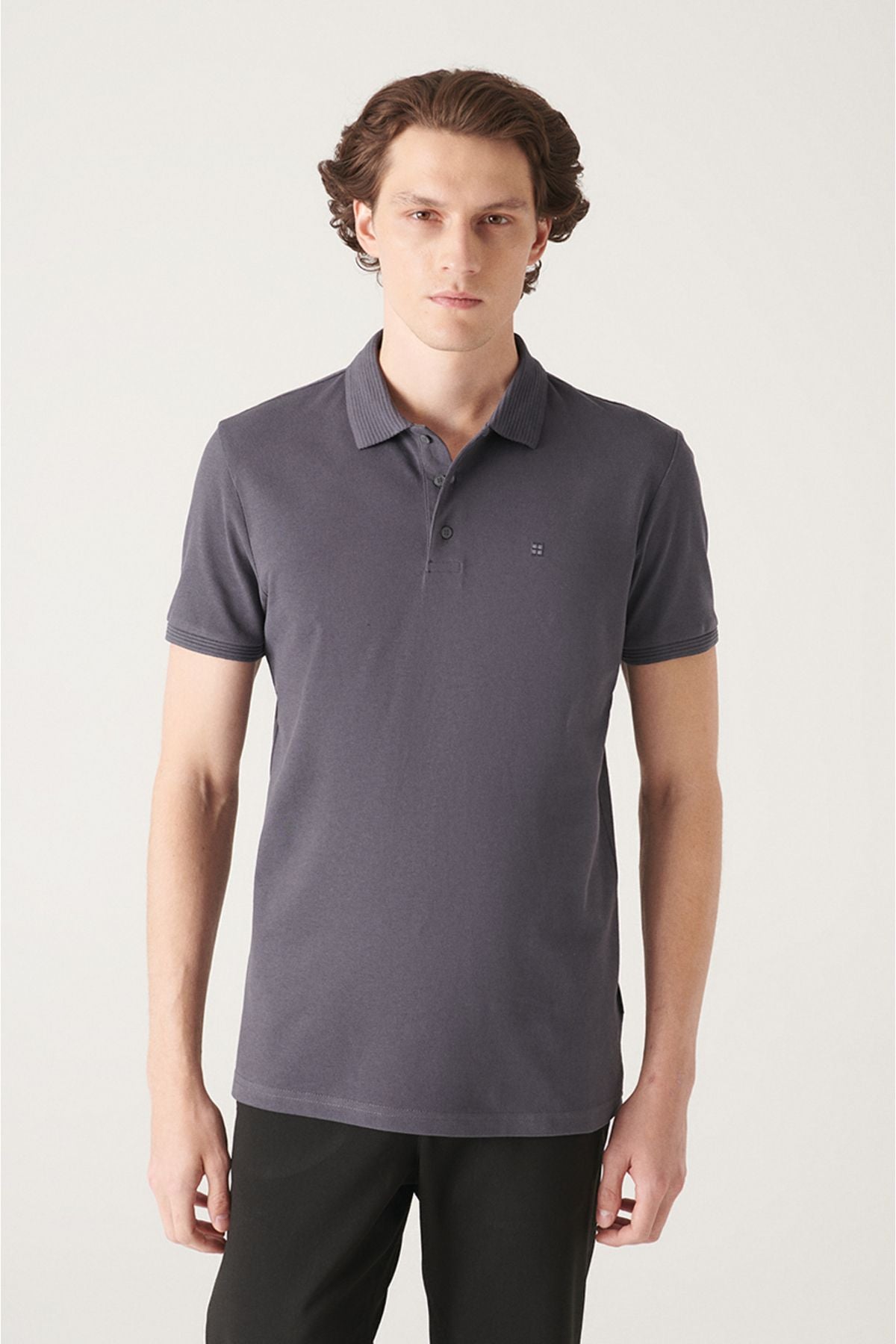 Men's anthracite 3 button 100 %corn cotton Polo Yaka T-shirt B001027
