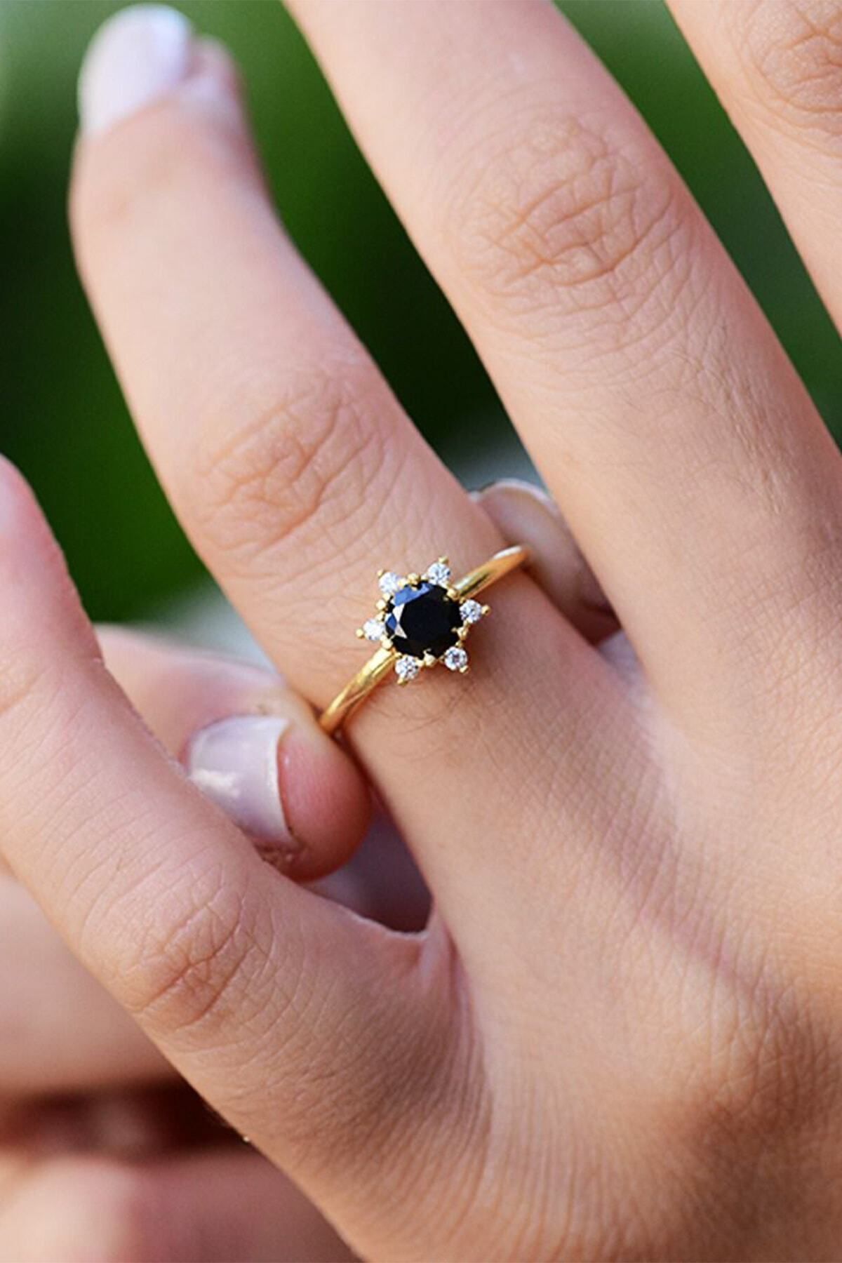 Black Single Stone Adjustable Woman with Flower Motif 14 K Gold Plated Ring