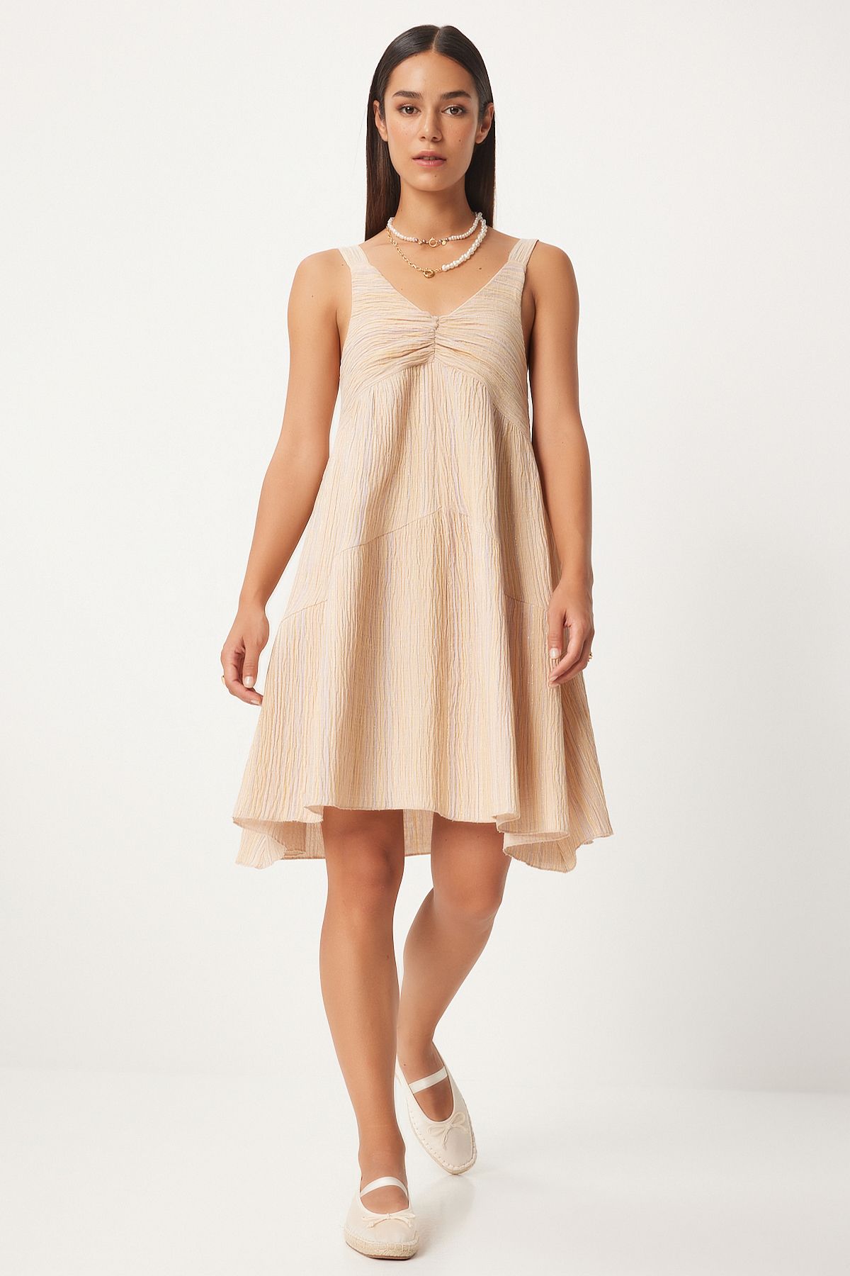 Women's Cream Shirred collar A cut summer knitted dress wf00079