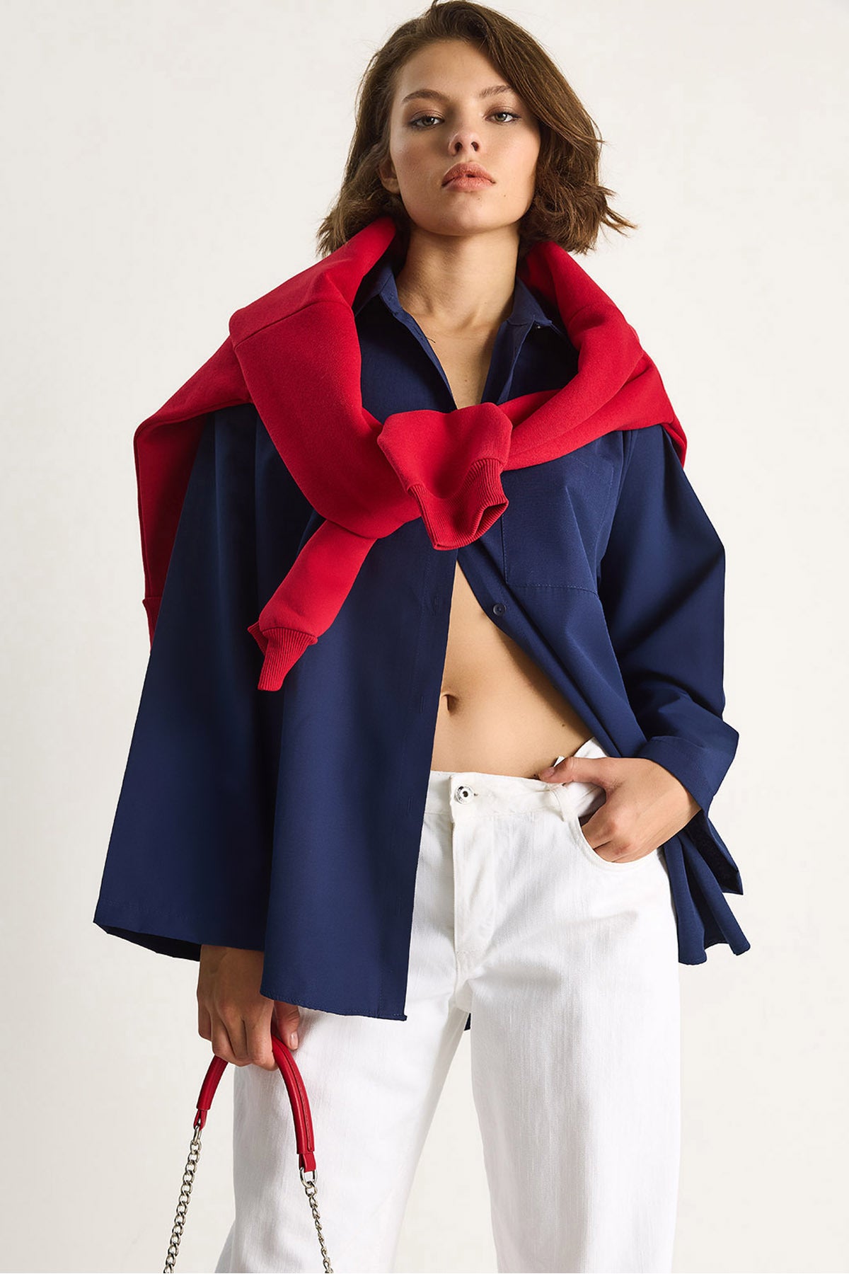 Women's Wide Sleeve Single Pocket Detailed Oversize Basic Poplin Shirt 2144 60284103