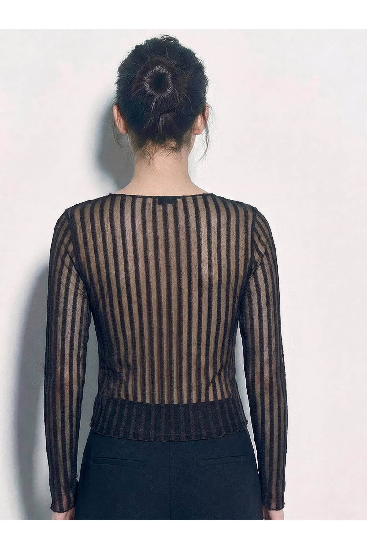 Women's Transparent Stripe Patterned Long Sleeve Tulle Blouse 6026 60283936