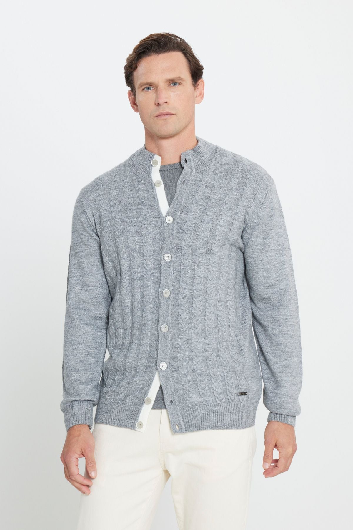 Men's Gray Standard Fit Normal Cut Bato Neck Patterned Knitwear Cardigan