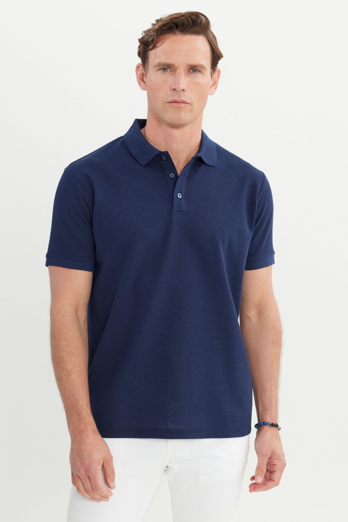 Men's Navy Blue Cotton Standard Fit Normal Cut Patterned Polo Yaka T -shirt