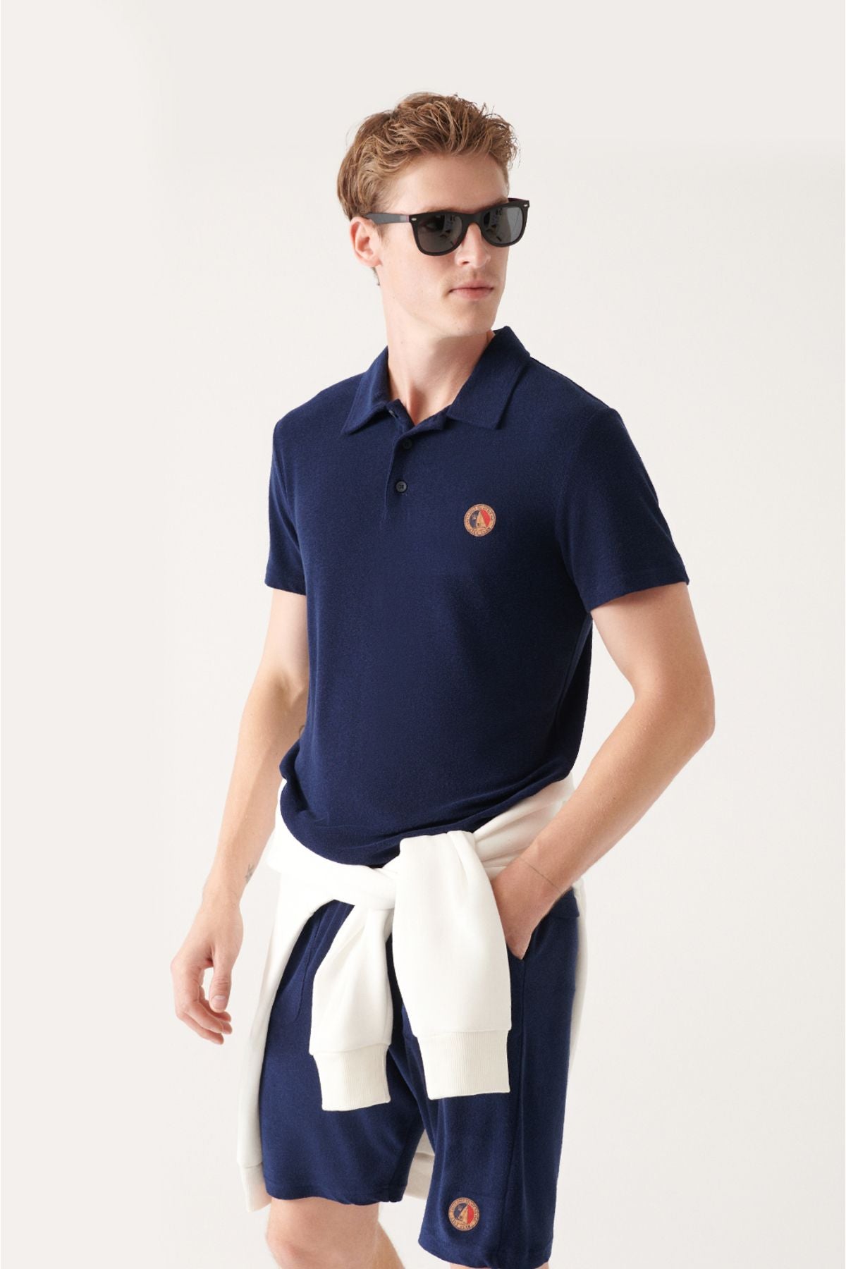 Men's Navy Soft Touch Towel Marine Printed Polo Yaka T-shirt A31y1033