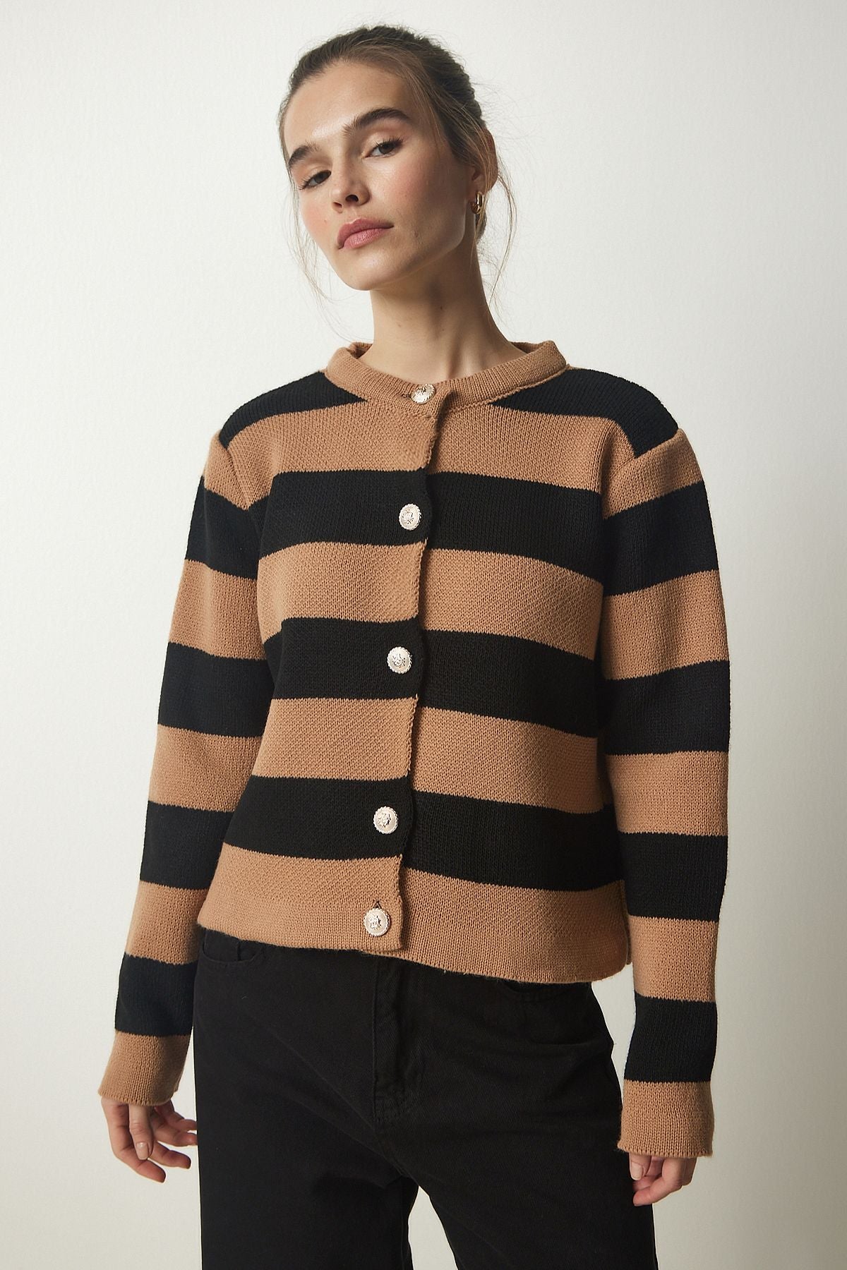 Female Biscuit Black Stylish button striped knitwear cardigan NF00078