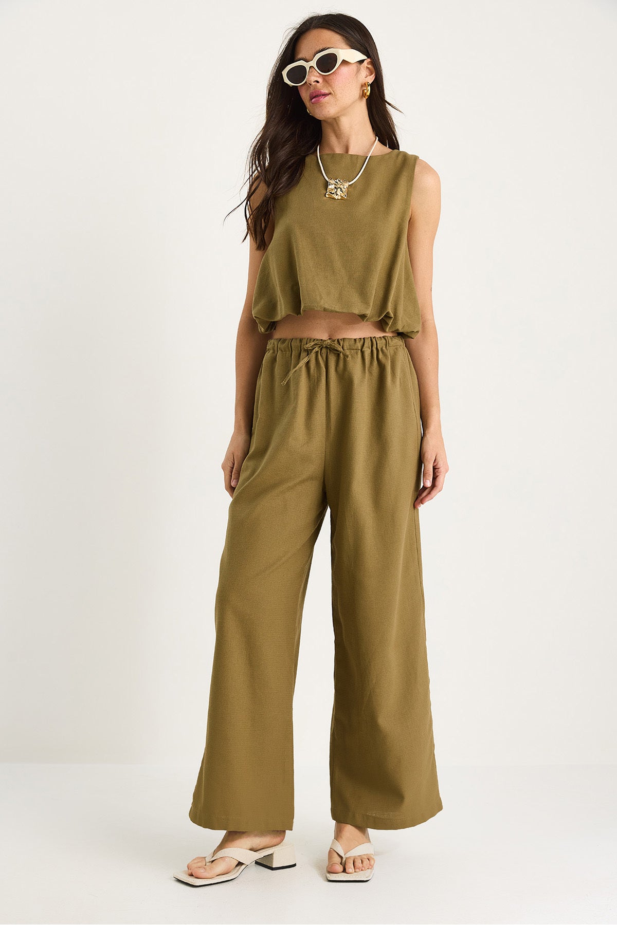Women's Balloon Detailed Blouse with Palazzo Trousers Linen Bottom-Top Set 9367 60281072