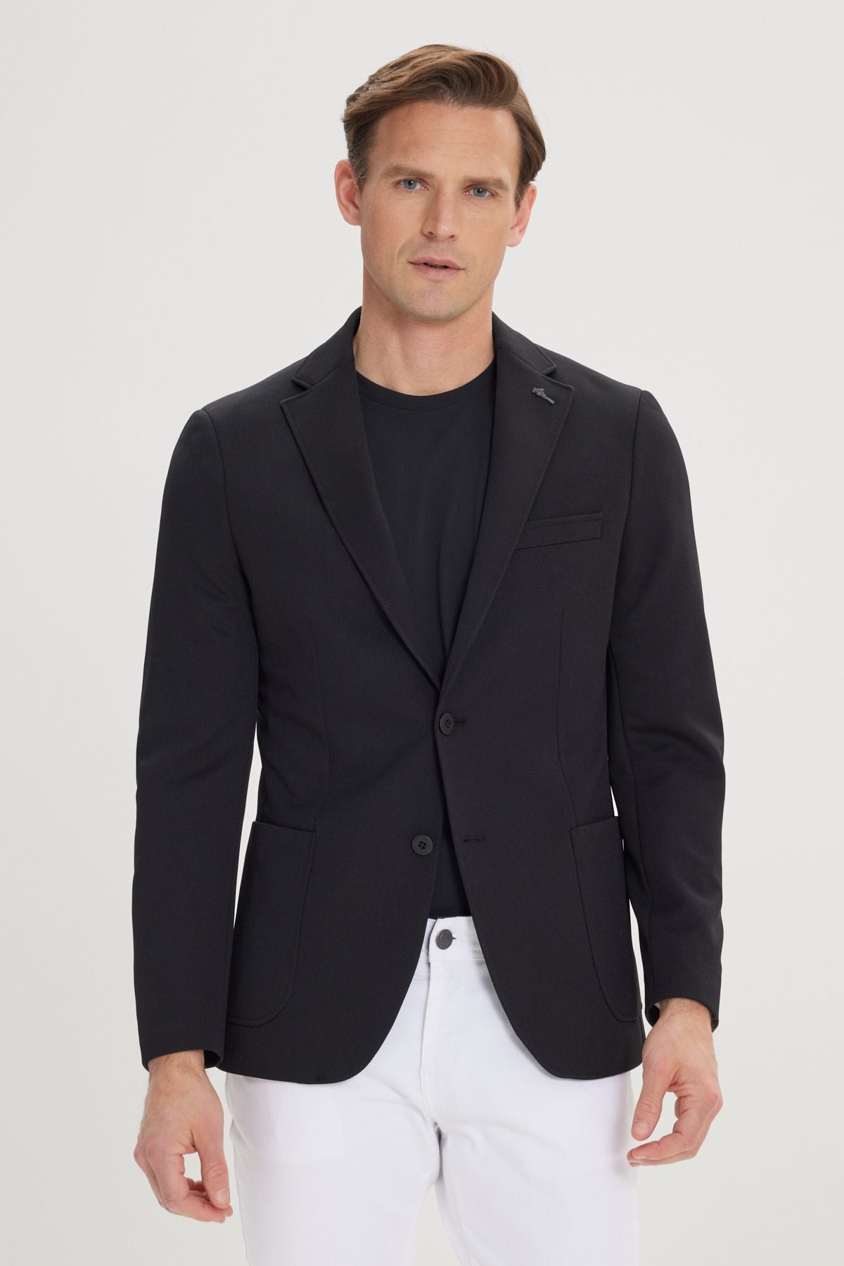 Men's black slim fit narrow cut Mono collar casual blazer jacket