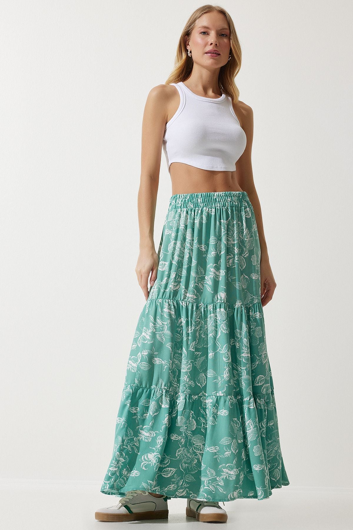 Female Water Green Flower Patterned Volan Viscose Skirt DD01310