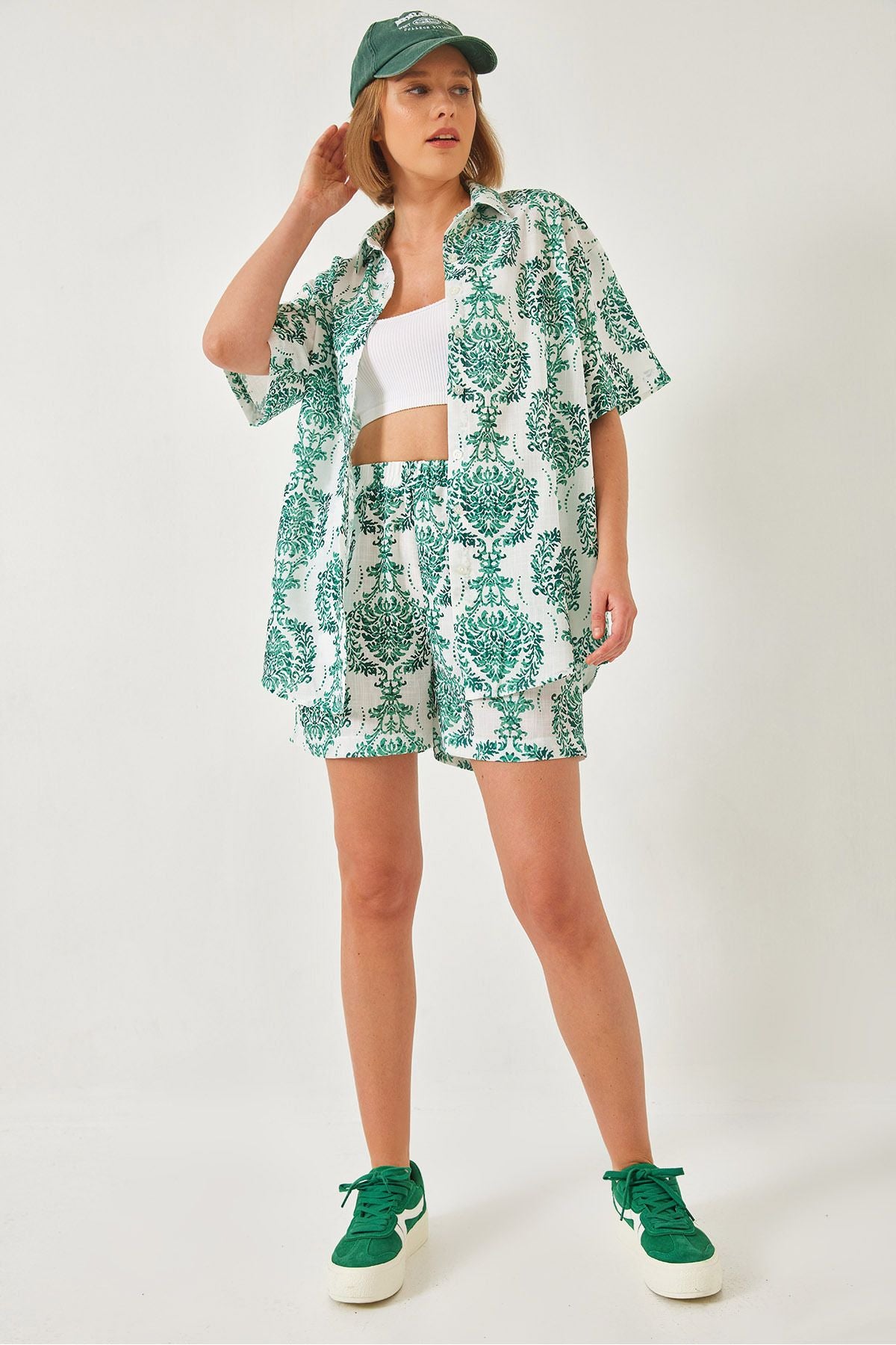 Women's tropical patterned weaving shirt shorts upset team 60255 60271035