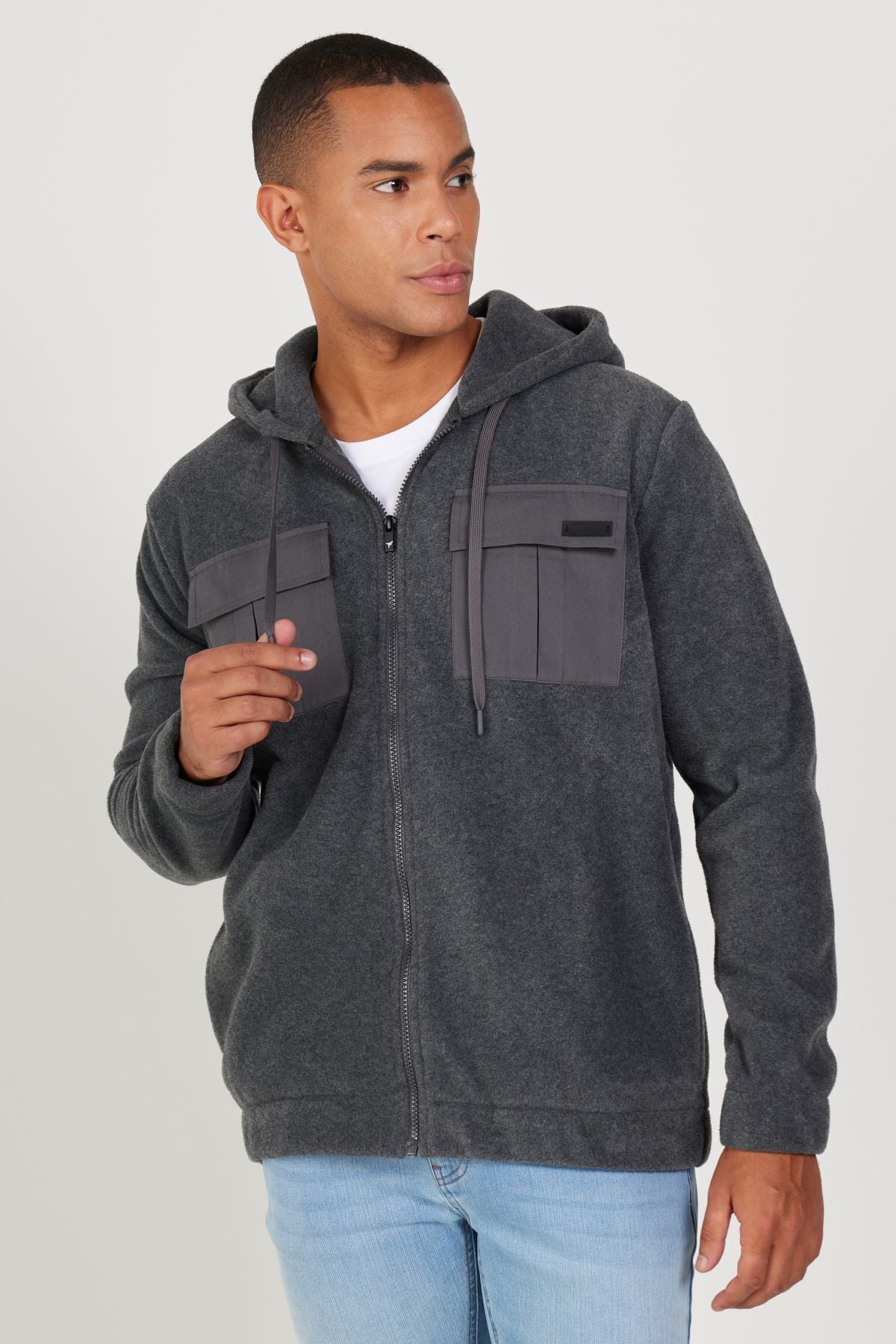 Men's anthracit-melanj standard fit normal cutting hooded polar sweatshirt jacket