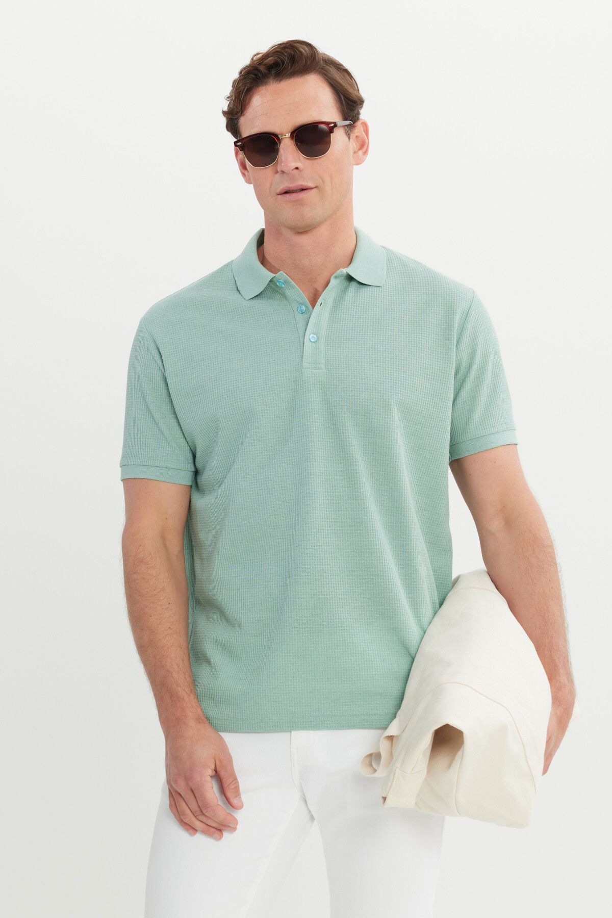 Men's Water Green Cotton Standard Fit Normal Cut Patterned Polo Yaka T -shirt