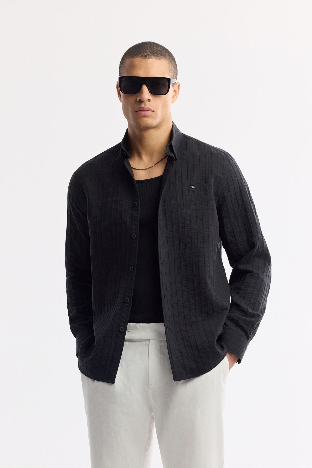 Men's black bottom Britli collar striped Comfort Fit Long Sleeve Shirt A51y2012