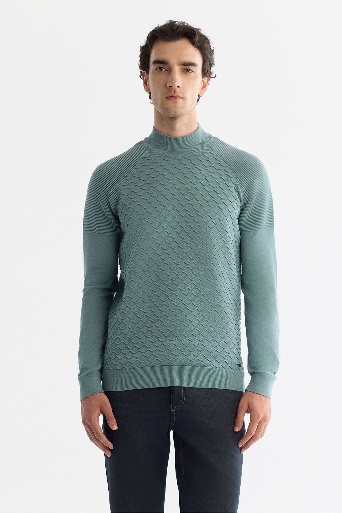 Men's Nile Green Half Fisherman Yaka Soft Touch Knitwear Sweater A42Y5023