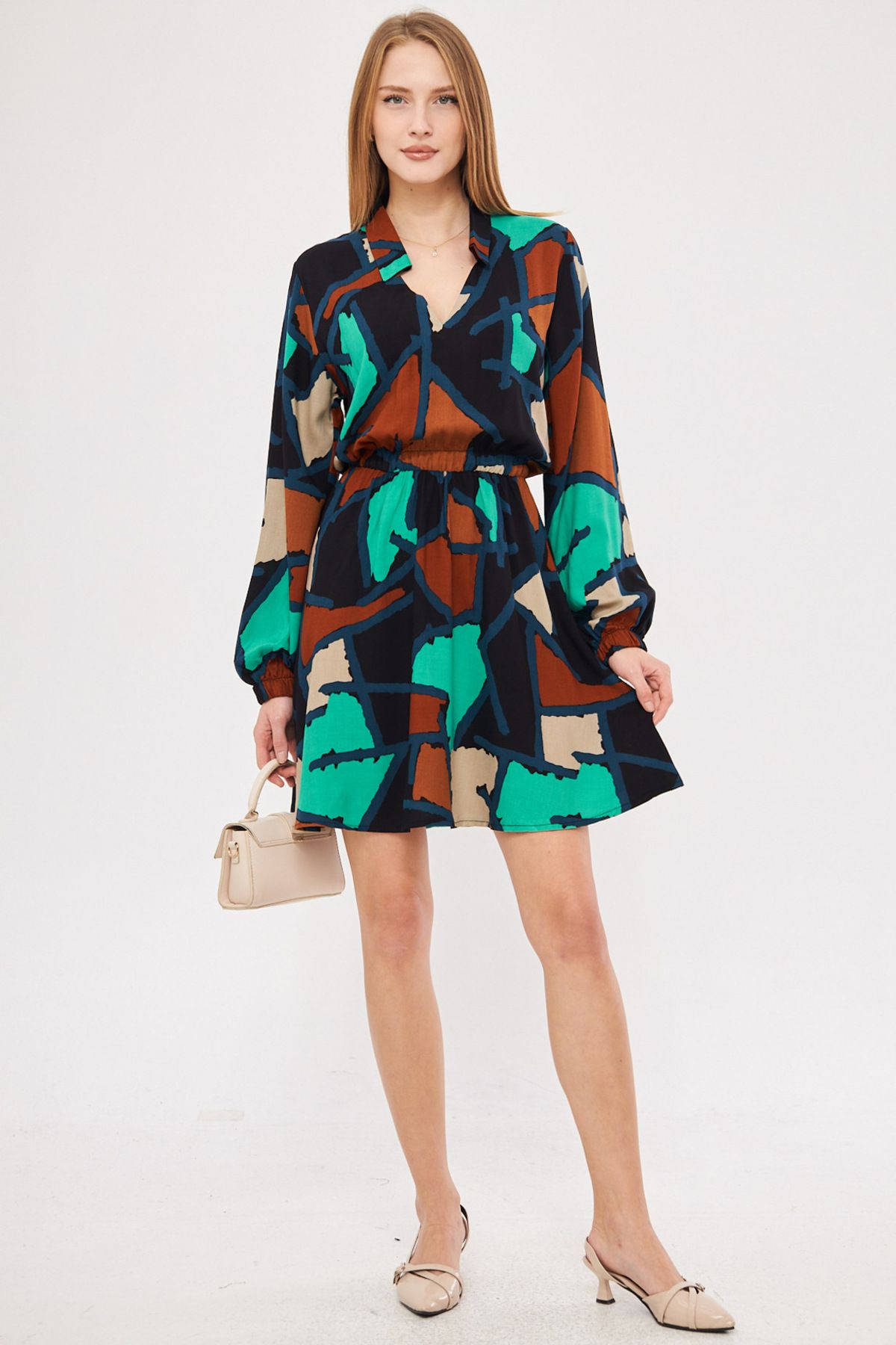 Female turquoise shirt collar detailed waist arm tire closes dress ARM-25K001043