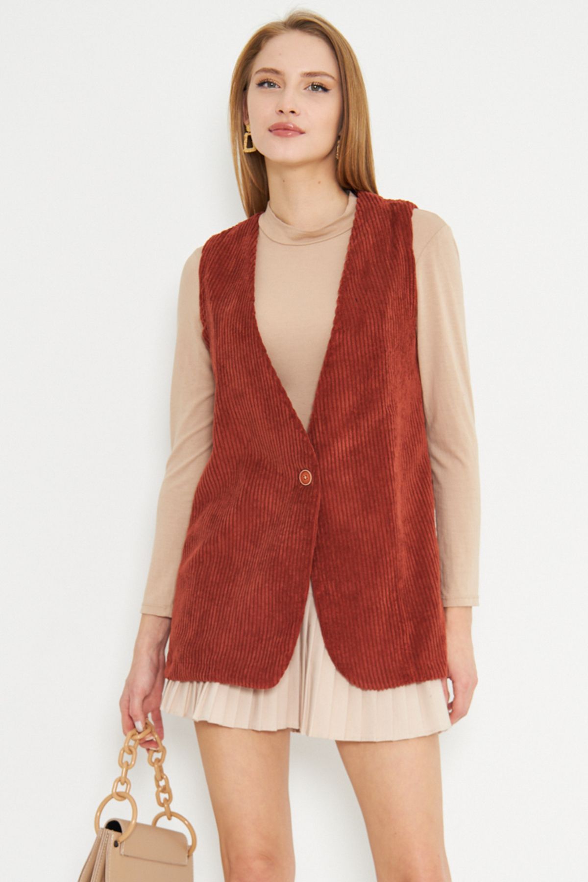 Female Tile V-Neck Single Button Oversiz Thick Wick Velvet Vest Arm-25k001016