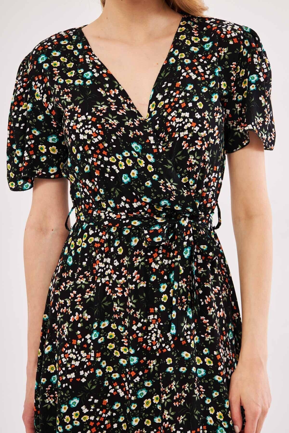 Female Black Tessera Dress Cruve Collar Skirt Ruffed Patterned Mini Size ARM-24Y001024