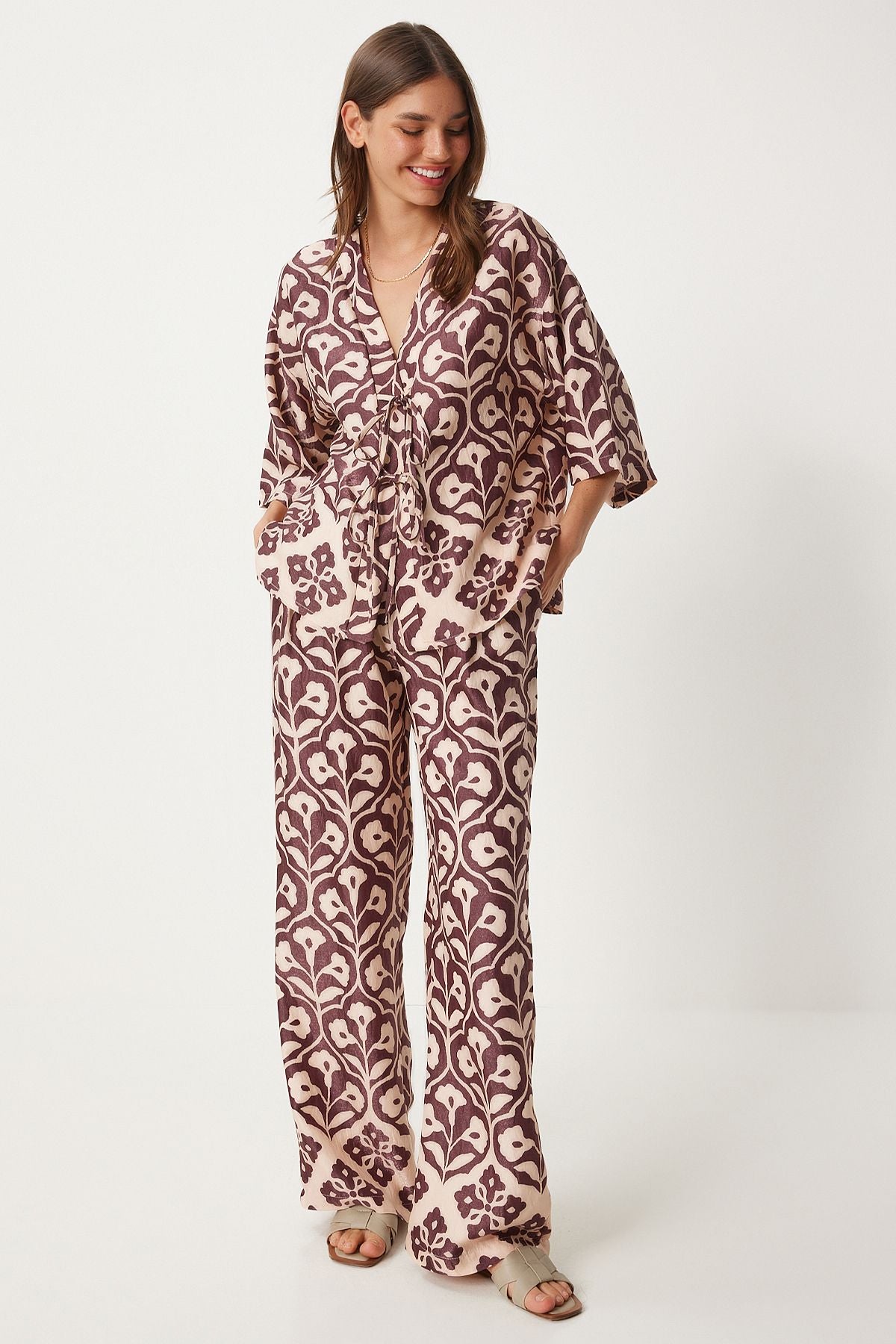 Female Pins Cream Patterned Viscose Blouse Palazzo Set FN03278