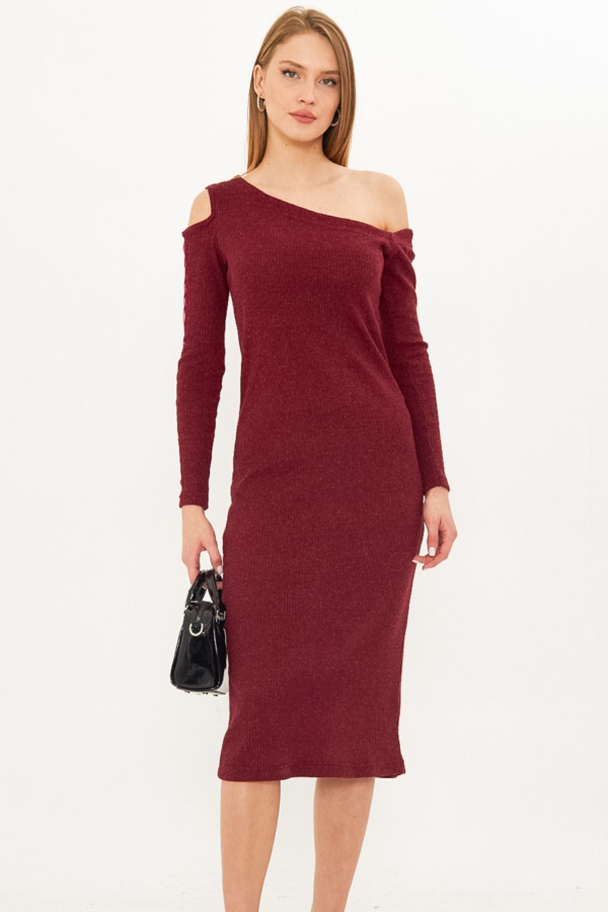 Female Bordeaux Asymmetric Collar Lever Tulle Slit Kashkorse Midi Boy Dress ARM-25K001081