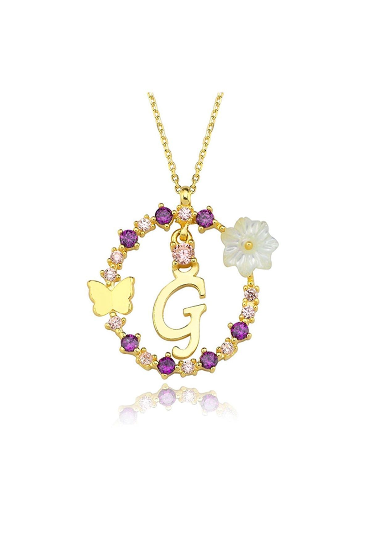 Magnolia Flower Dreams Glitter 14k Gold G Letter Women Necklace