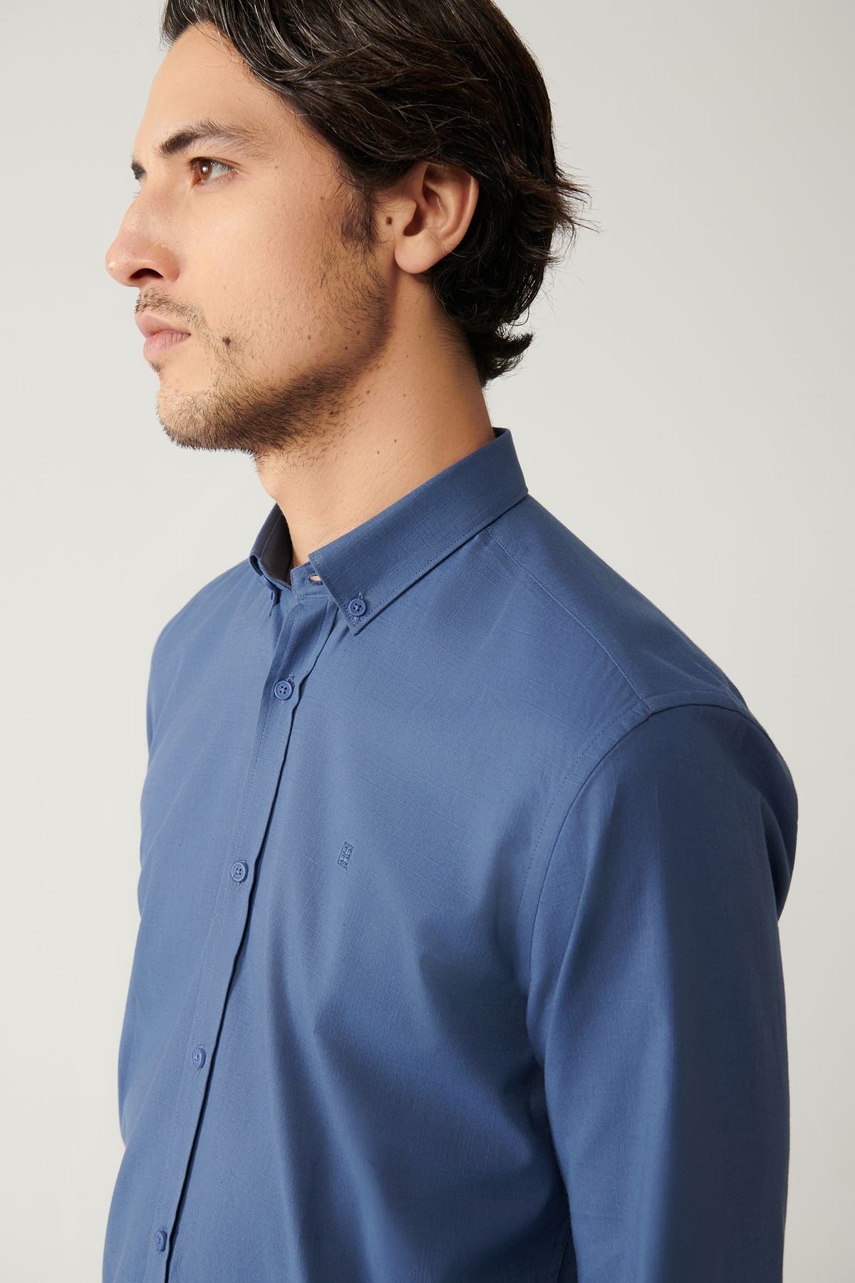 Men's Indigo buttoned collar 100 %cotton linen textured shirt E002141