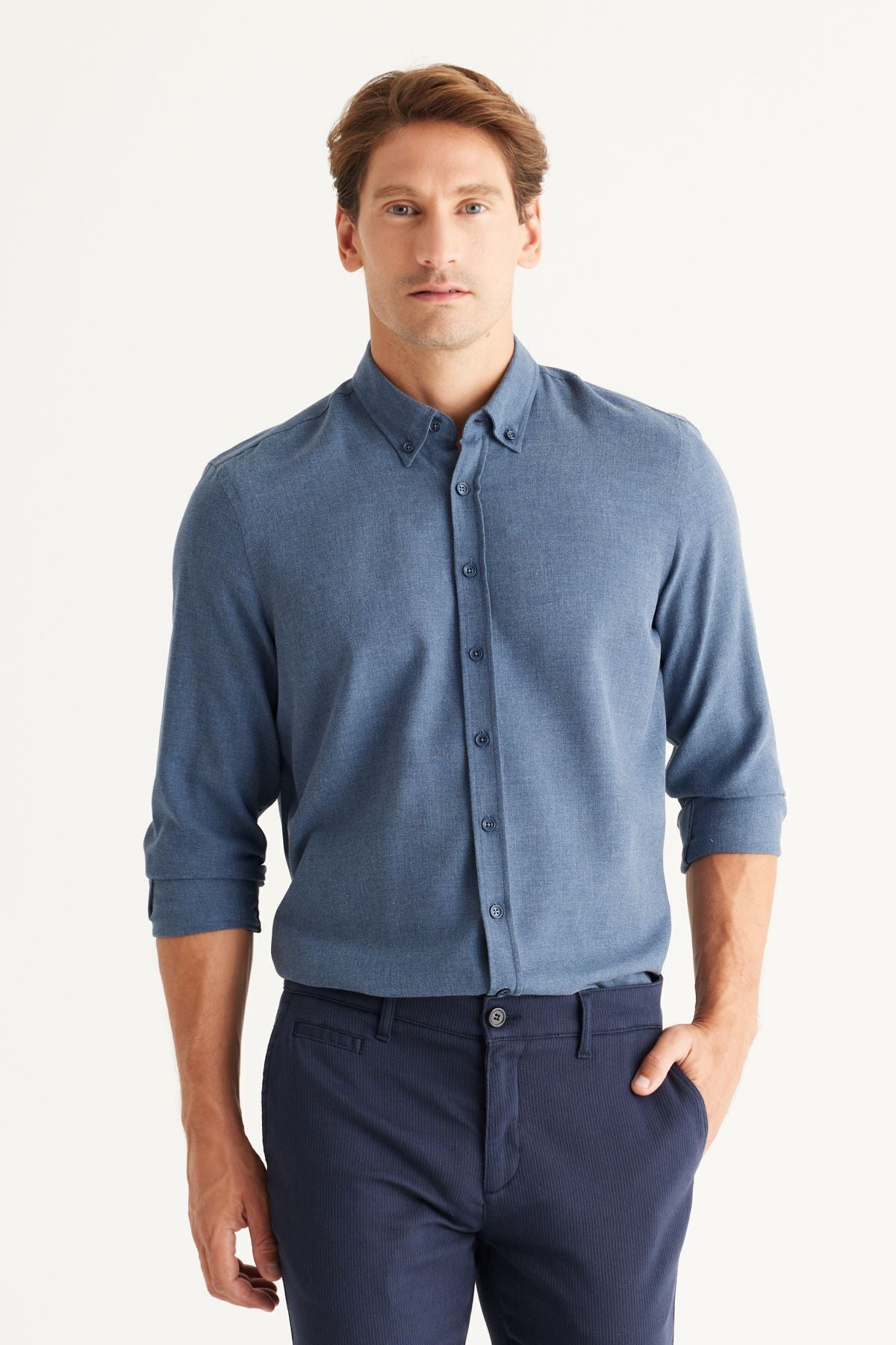 Men's indigo slim fit narrow cut buttoned collar cotton flannel wood shirt