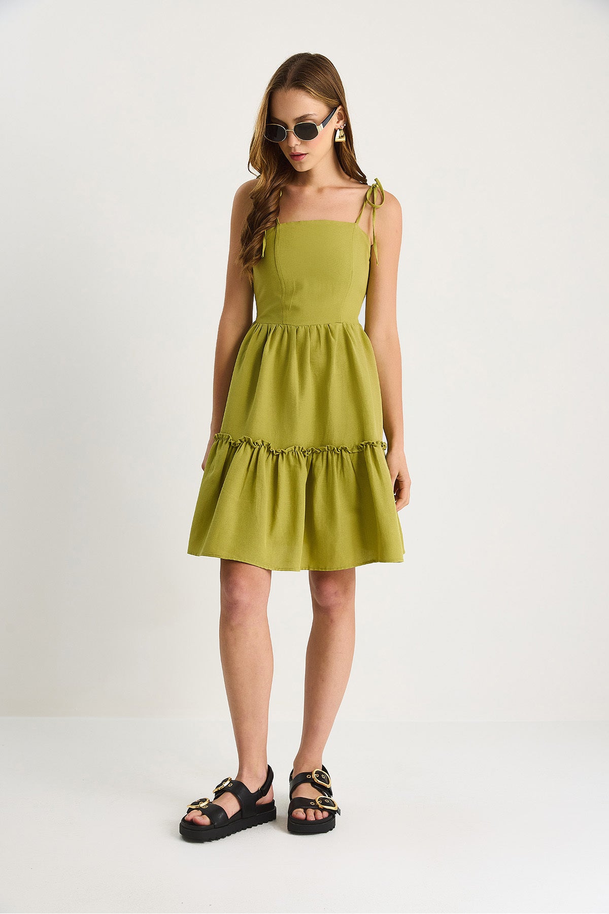 Women's Back Gipe Detailed Layered Thin Strap Cotton Linen Dress 5263 60281108