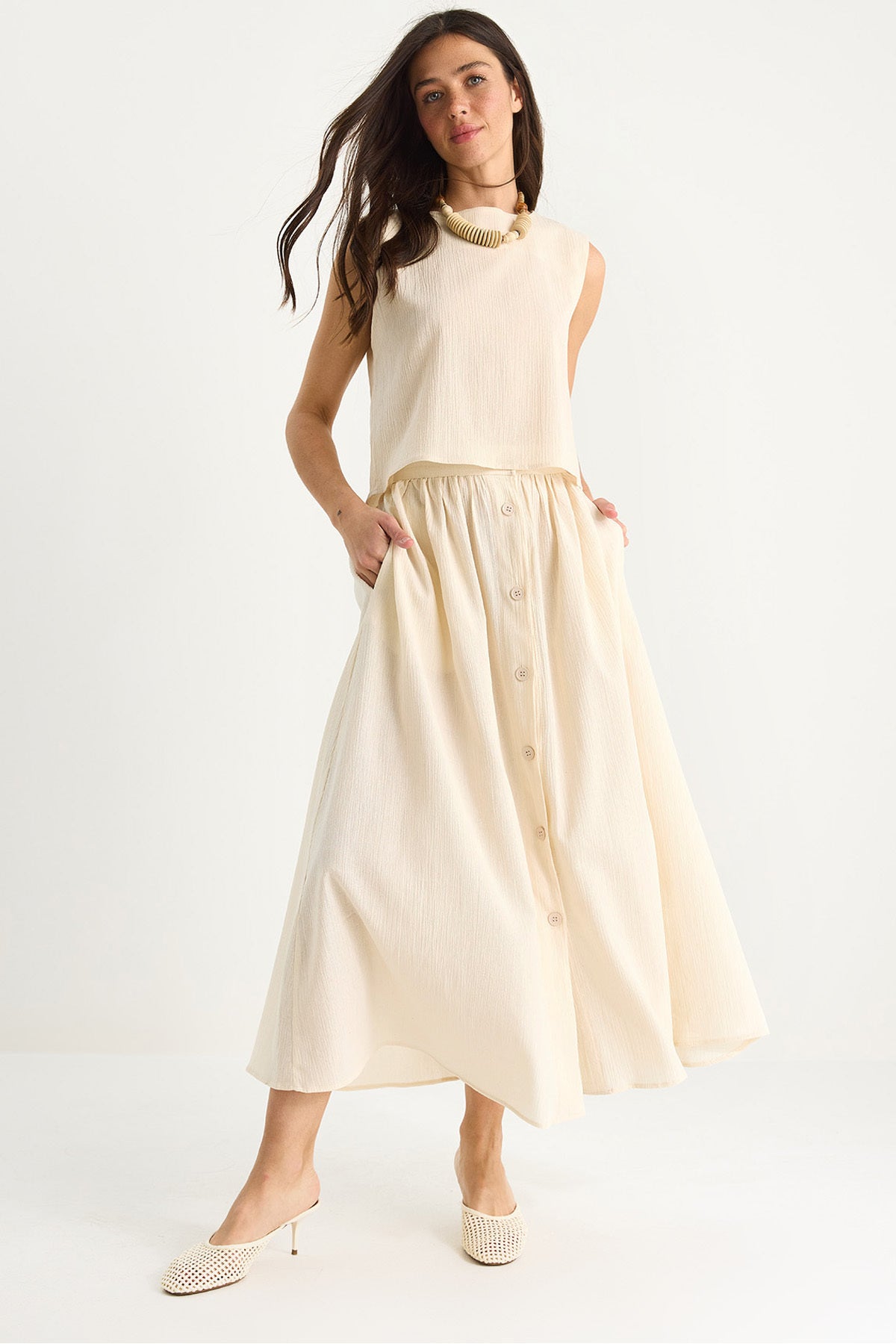 Women's Thick Strap Short Blouse Button Detailed Flared Long Skirt Linen Bottom-Top Set 9322 60281055