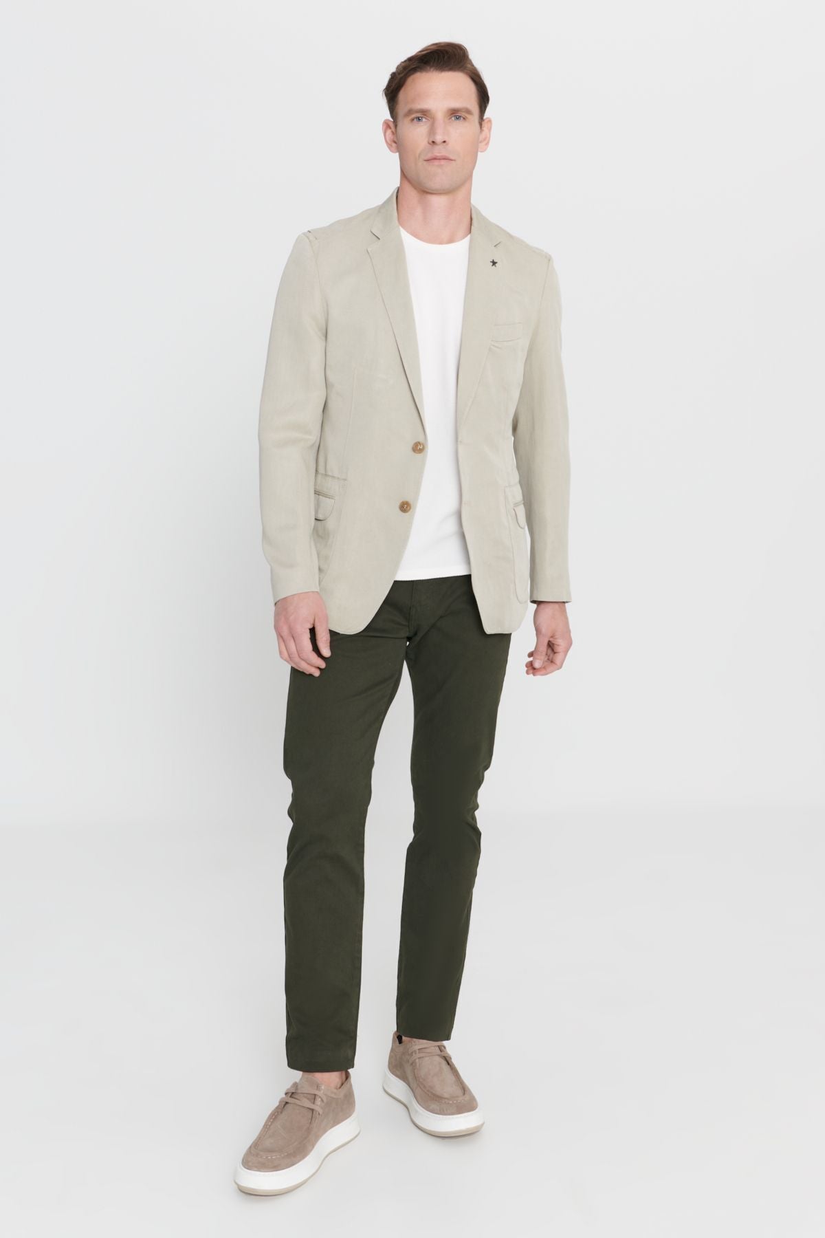 Men's beige slim fit narrow cut linen mono collar pattern blazer jacket