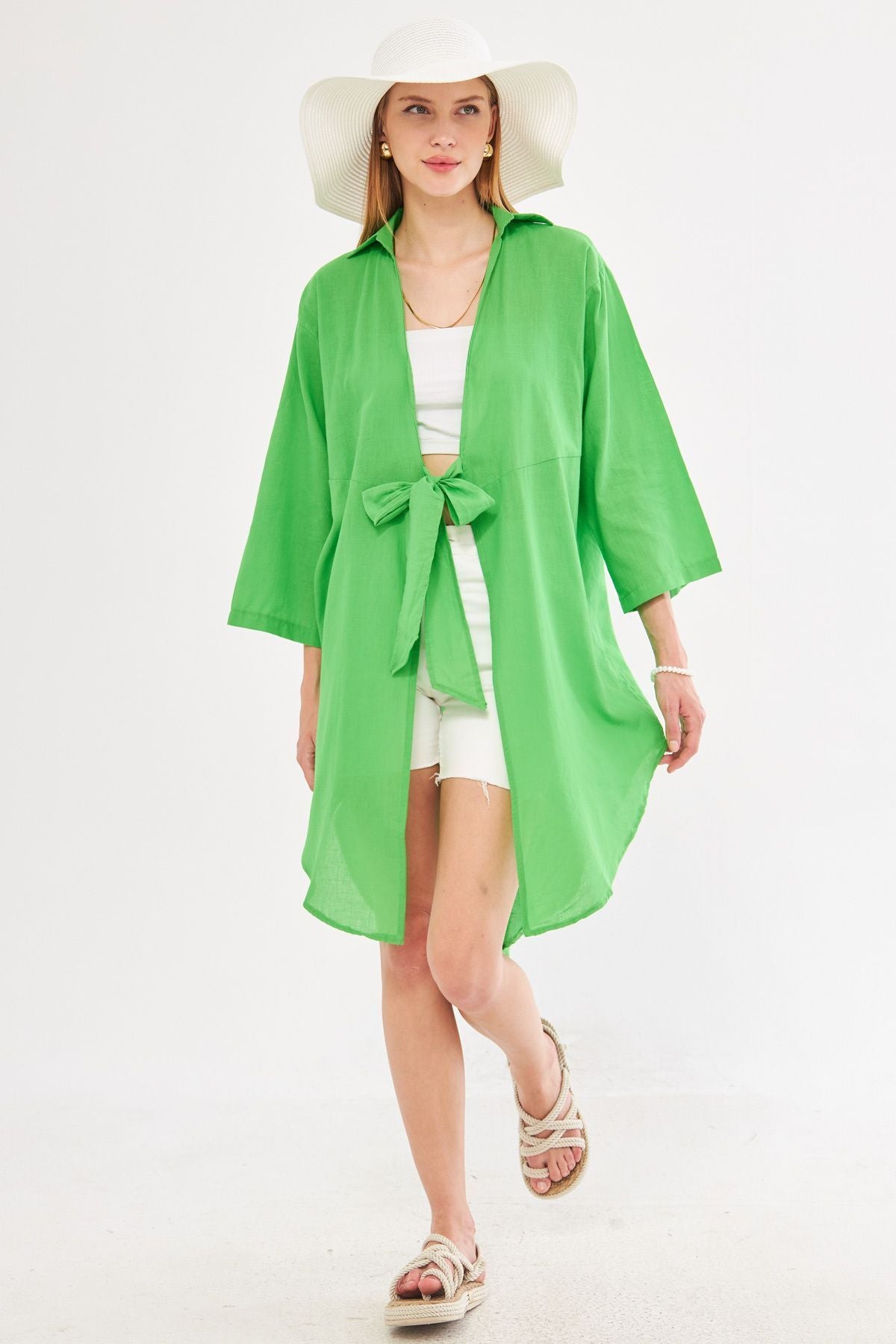 Female green front-binding thin linen fabric midi height kimono shirt ARM-24Y001081