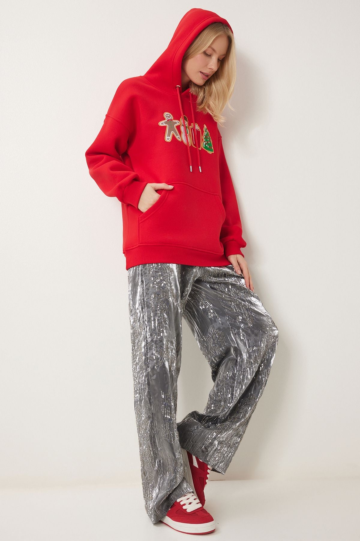 Woman Red Christmas Themed Hooded Red Knitting Sweatshirt TQ00001