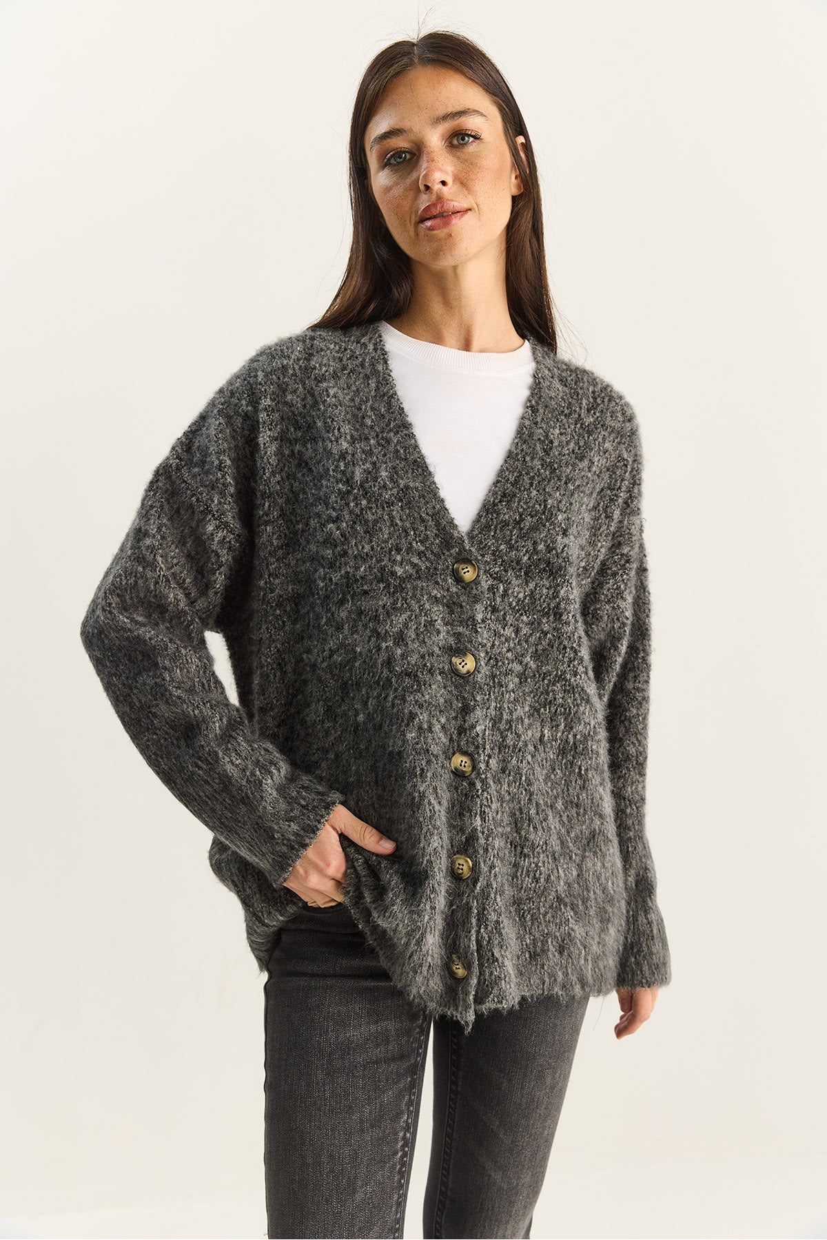 Women's V-Neck Rose Gold Buttoned Knitwear Cardigan 20258056