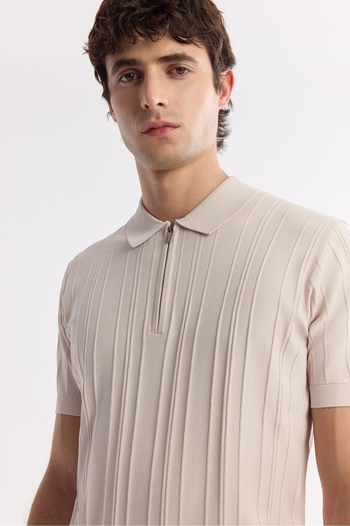 Men's Beige Polo Yaka Zippered Wick Knit Detailed Rayon Triko T-Shirt A51Y5046