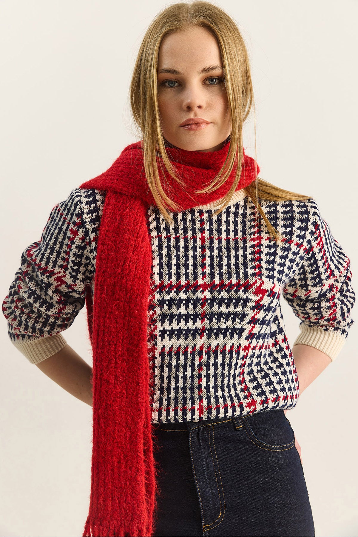 Women's Crew Neck Houndstooth Patterned Knitwear Sweater 20251122