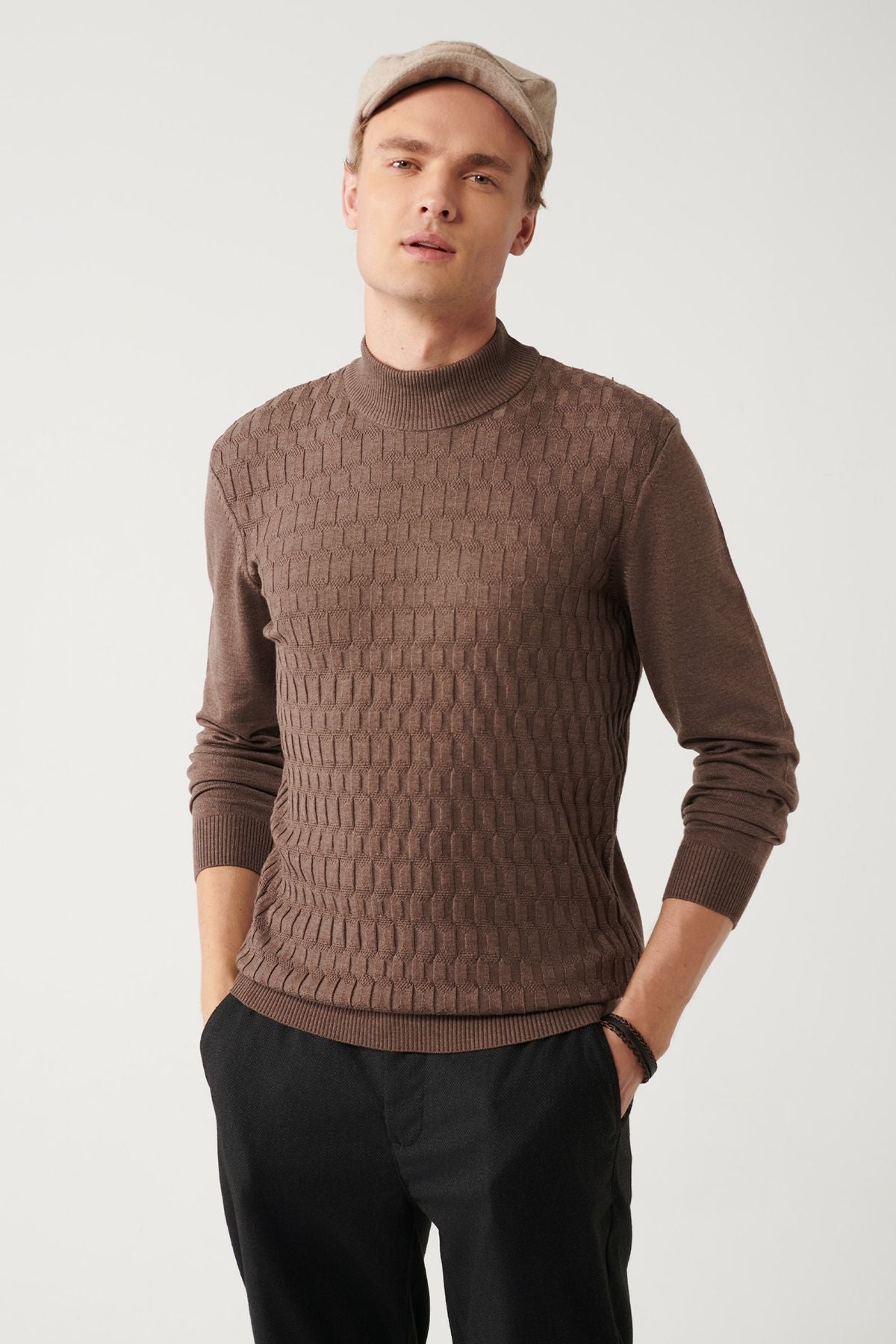 Men's light brown half fisherman collar cotton knitwear sweater E005106