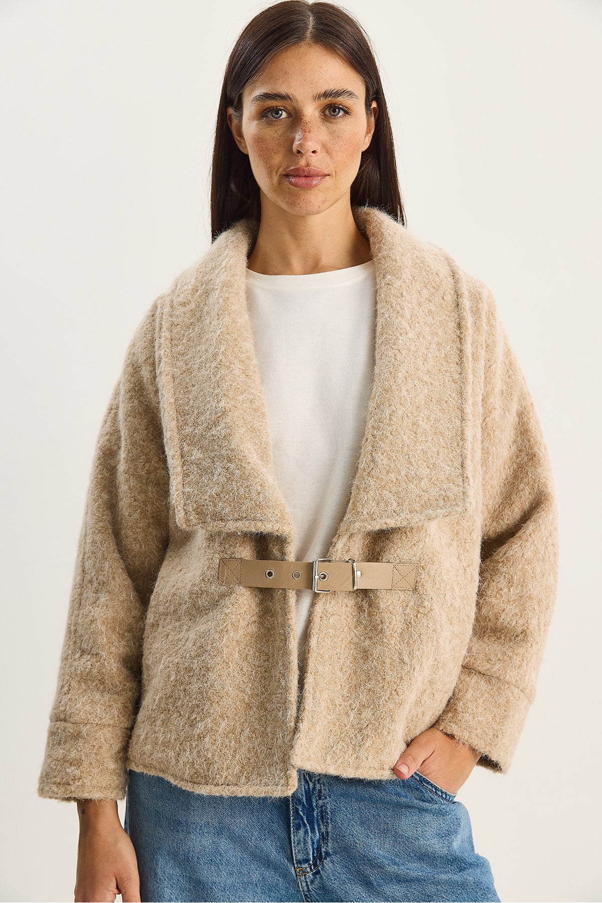 Women's Belted Lined Felt Jacket Coat 2062 60283746