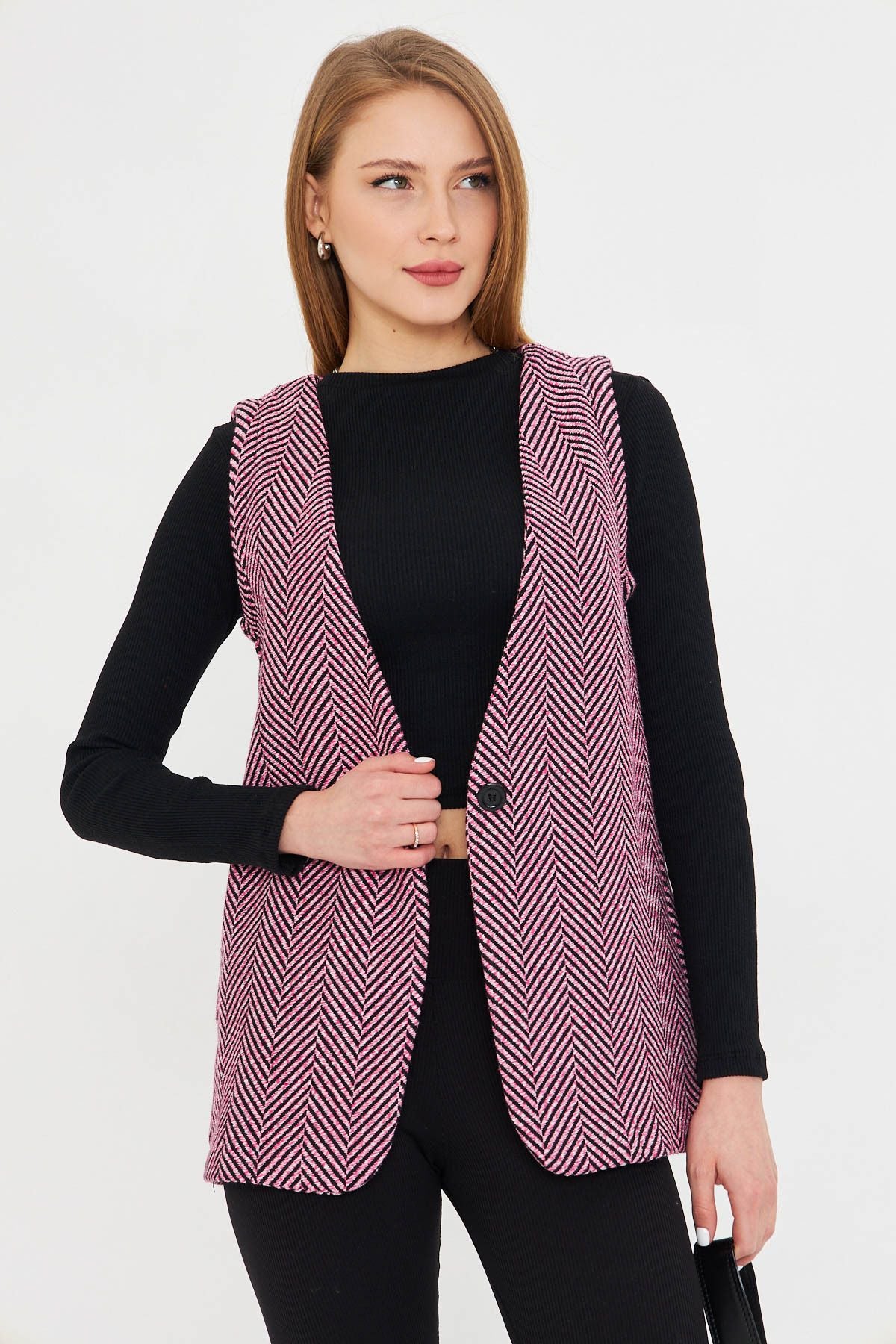 Woman Pink V-Neck Single Button Oversize Patterned Vest ARM-25K001110