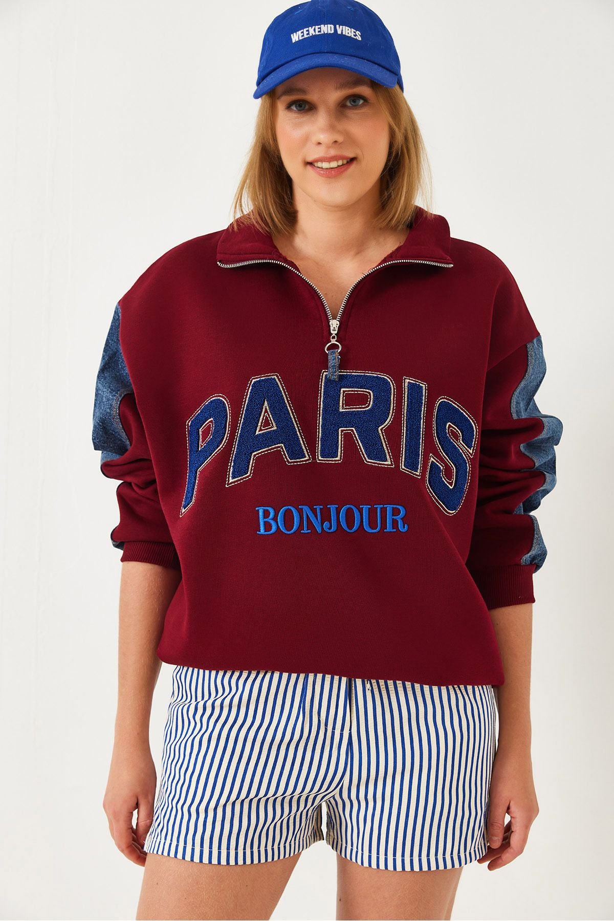 Denim detailed three yarns with zipper with zipper Sweatshirt 60261236