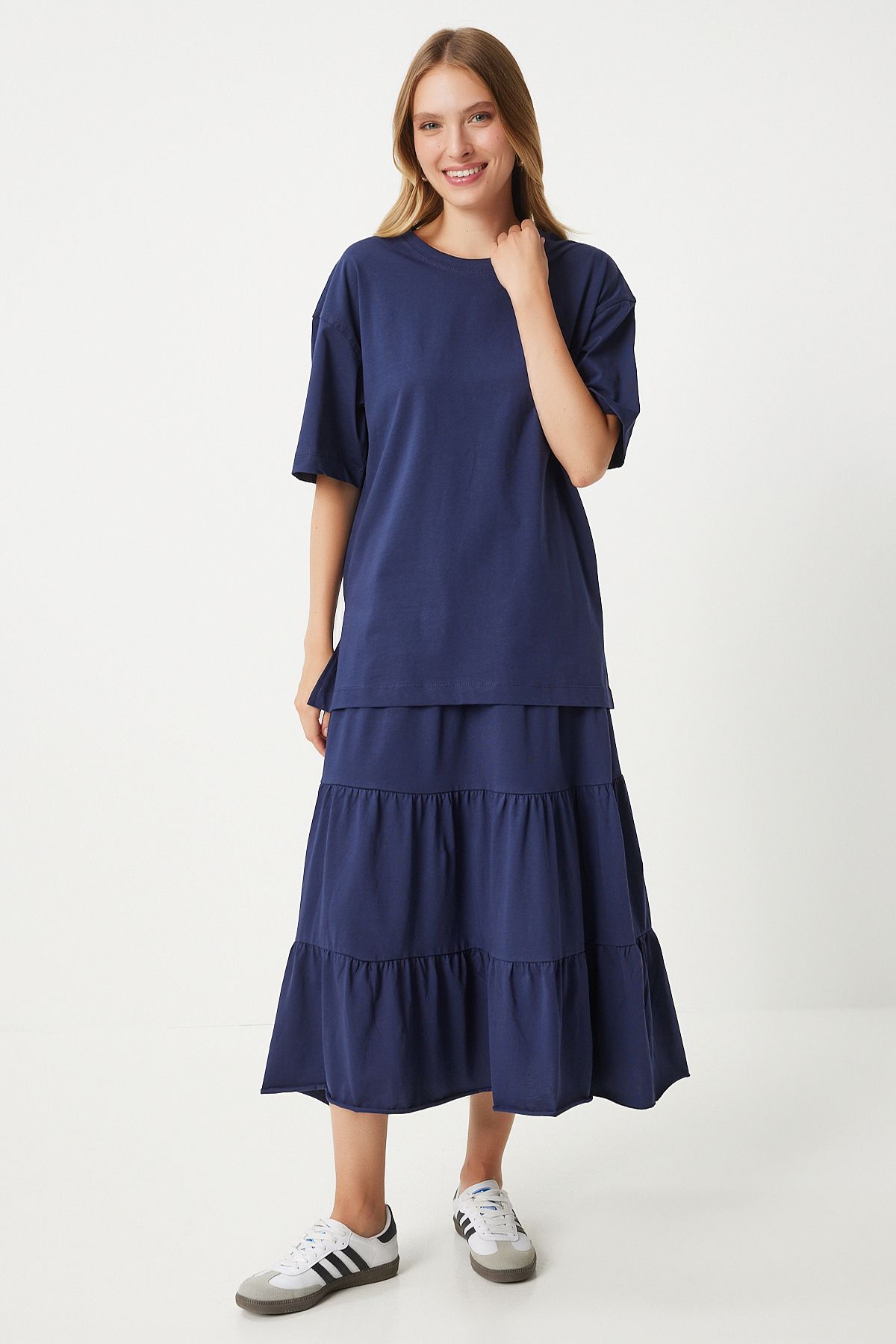 Woman Navy blue Oversize T-shirt Volan knitted skirt set UB00291
