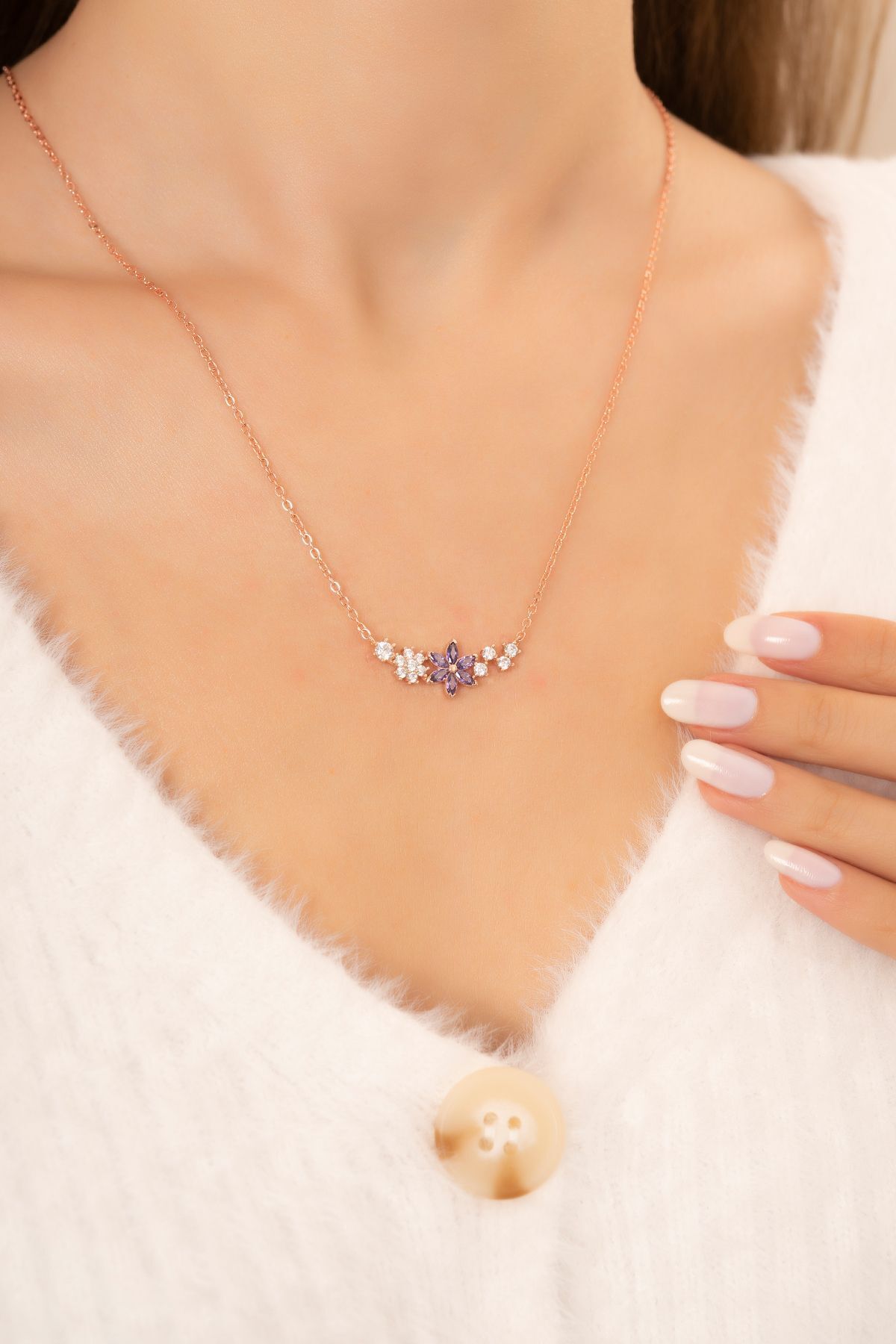 Remember Me Flower Purple Stone 14 K Rose Gold Plated Women Necklace