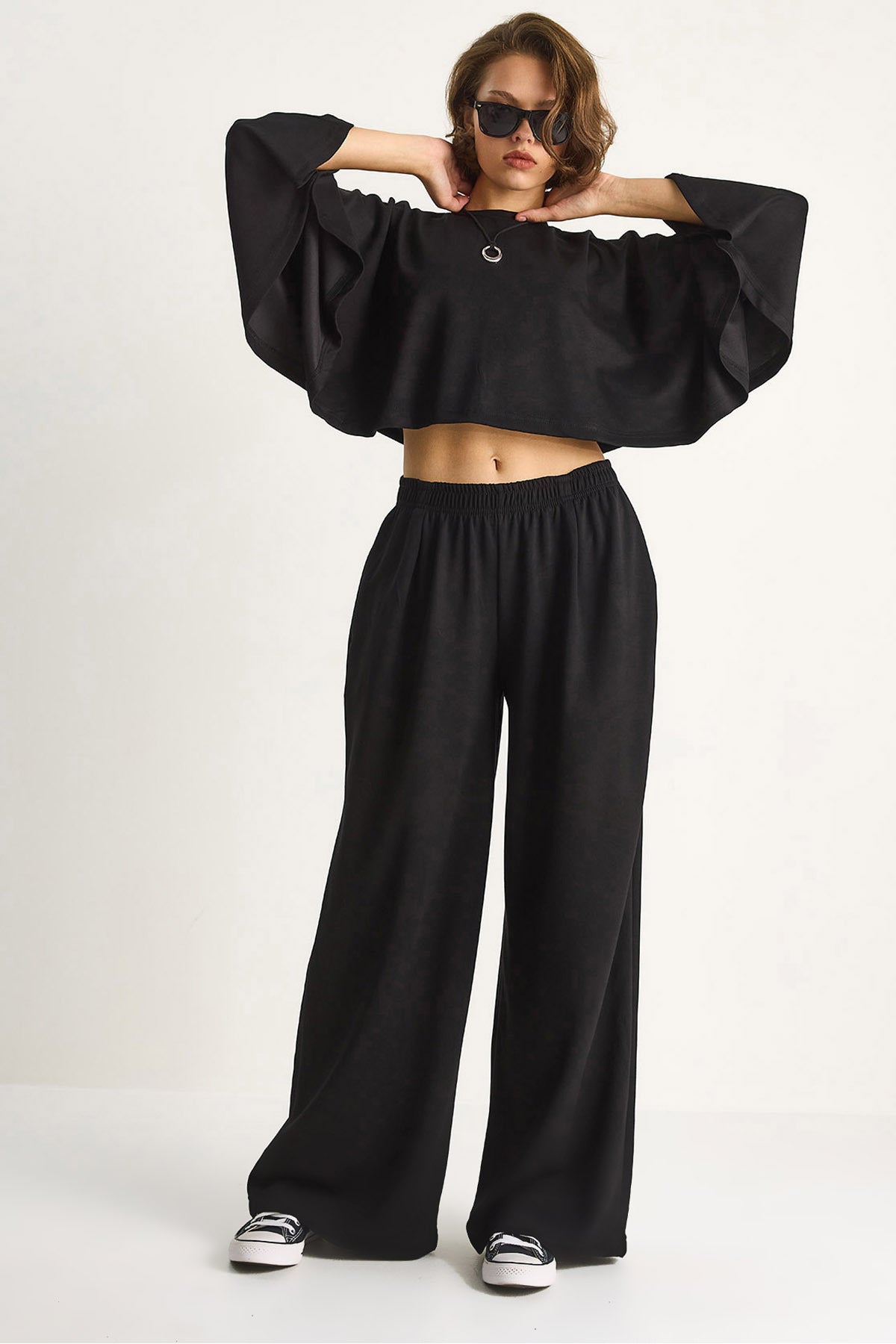Women's Bat Sleeve Crop Elastic Waist Trousers Modal Bottom-Top Set 4025 60284068
