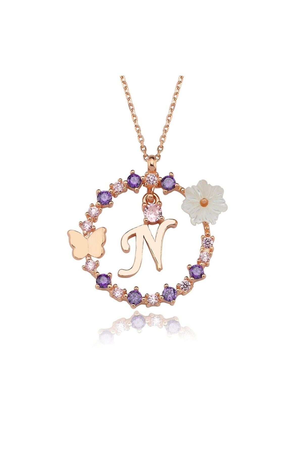 Magnolia Flower Dreams Glitter 14k Rose Gold N Letter Women Necklace