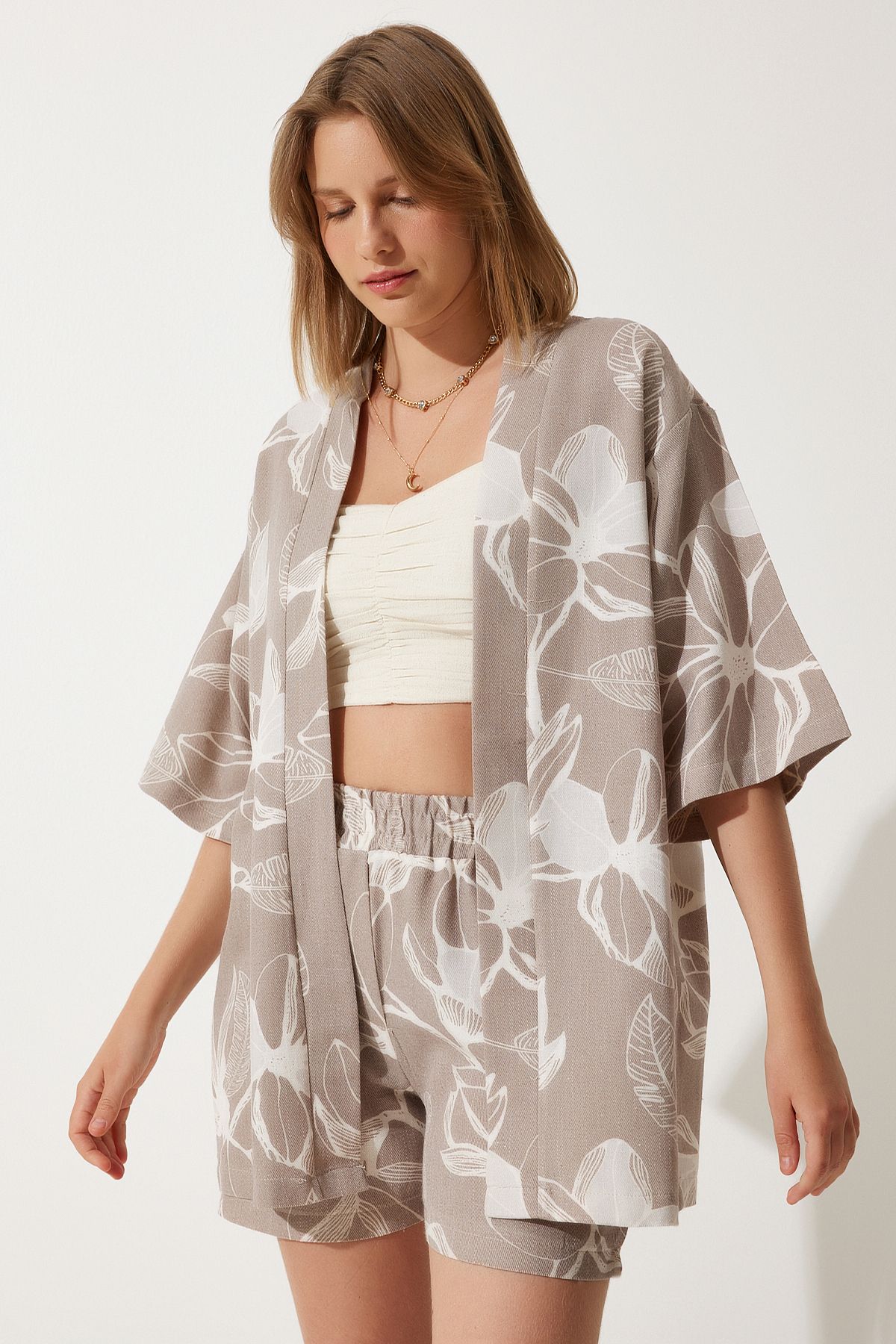 Female Stone Tropic Patterned Summer Raw Linen Kimono Shorts BP00157