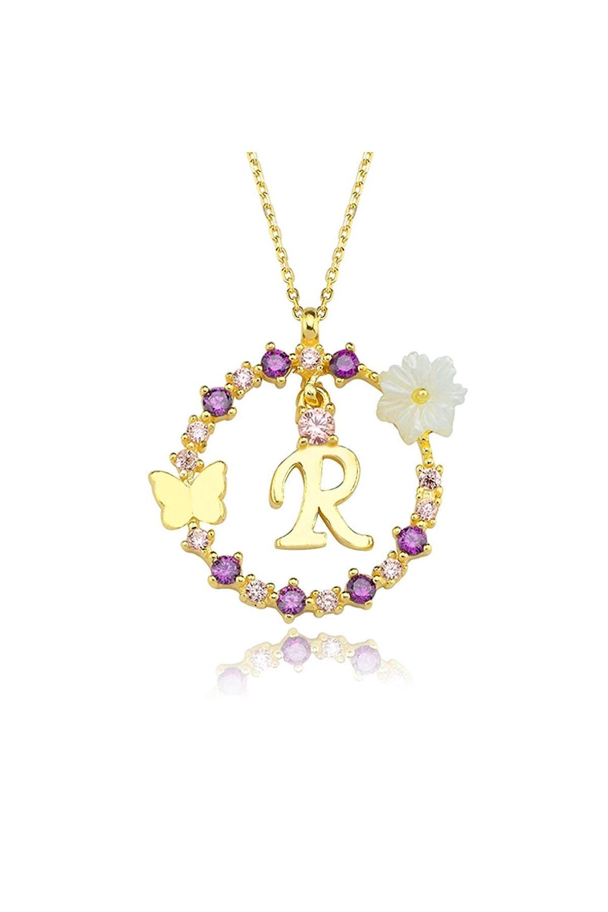 Magnolia Flower Dreams Glitter 14k Gold R Letter Women Necklace