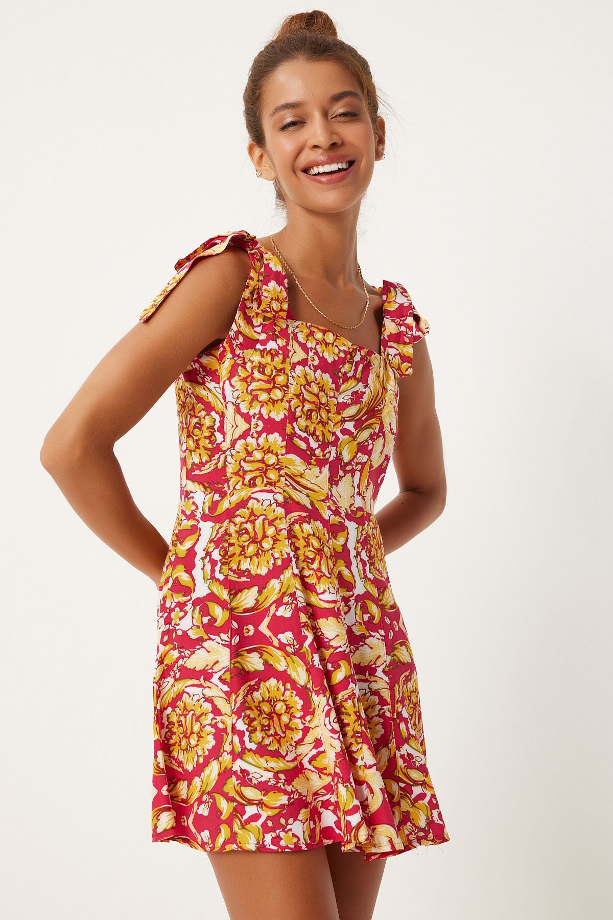 Woman Dark Pink Yellow Yellow Thick Hanger Patterned Summer Mini Viscose Dress FN03238
