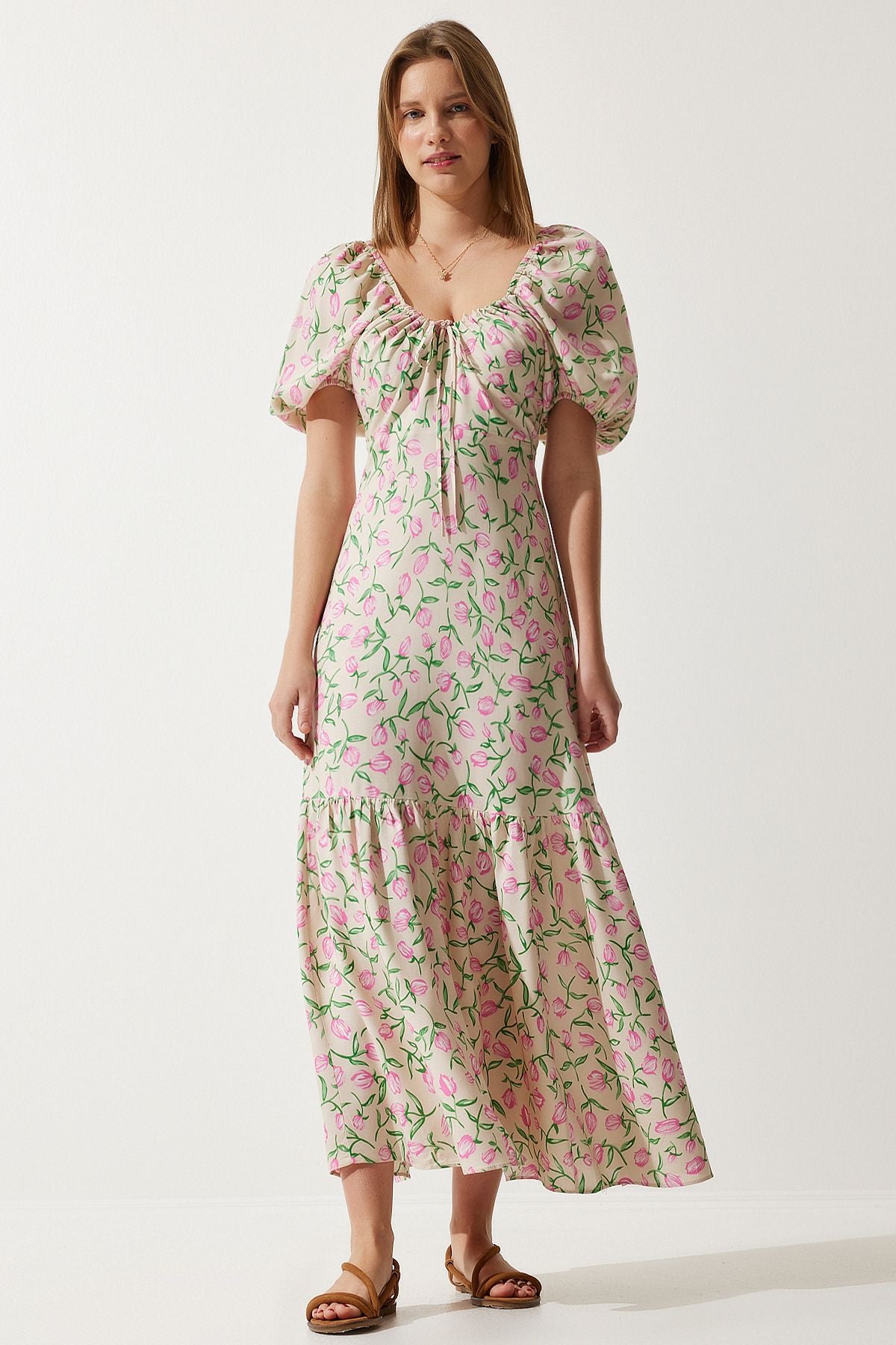 Female Beige Pink Patterned Balloon Sleeve Summer Viscose Dress FN03177