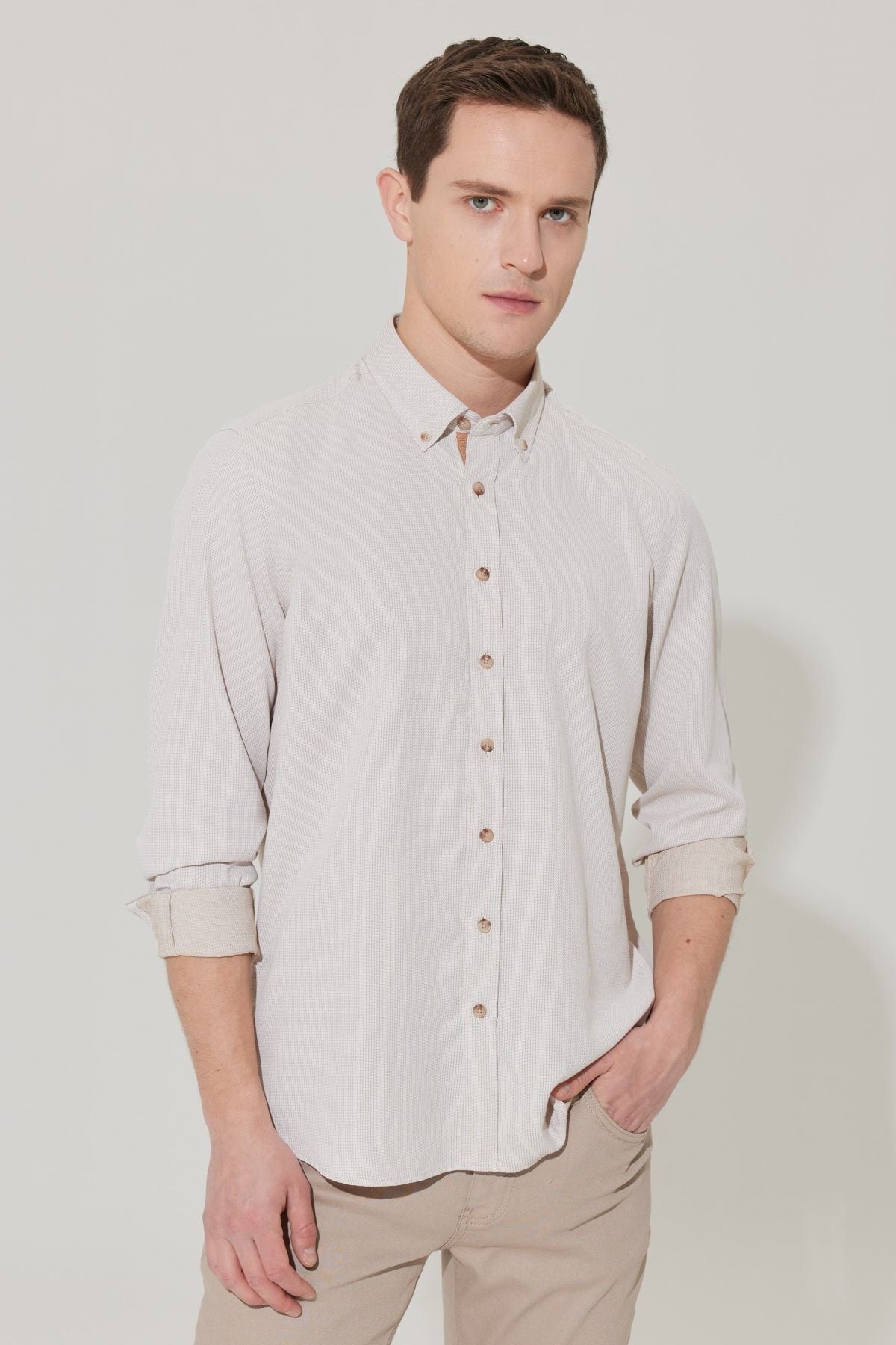 Men's Beige Slim Fit Narrow Cutting Buttoned Cotton Cotton Amelor Shirt