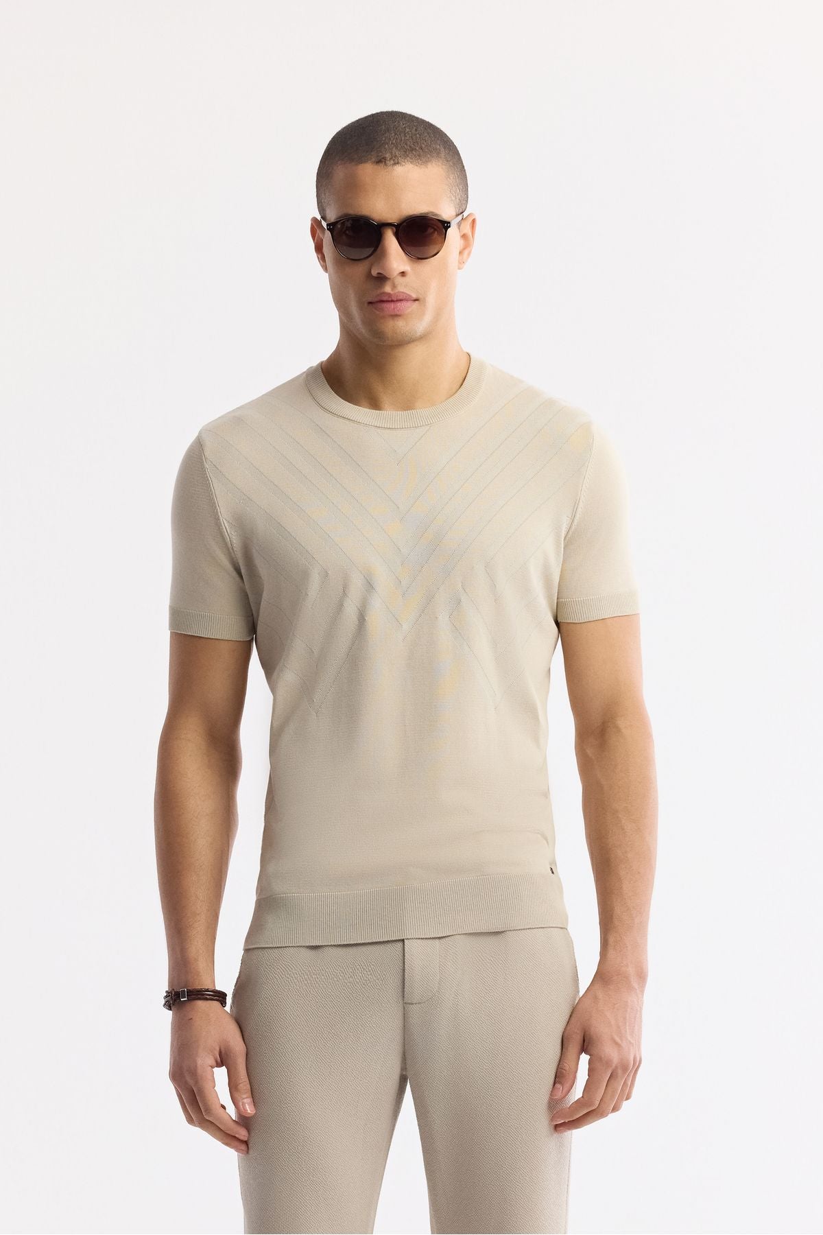 Men's Beige Bicycle Collar Geometric Pattern Detailed Triko T-SHIRT A51y5163